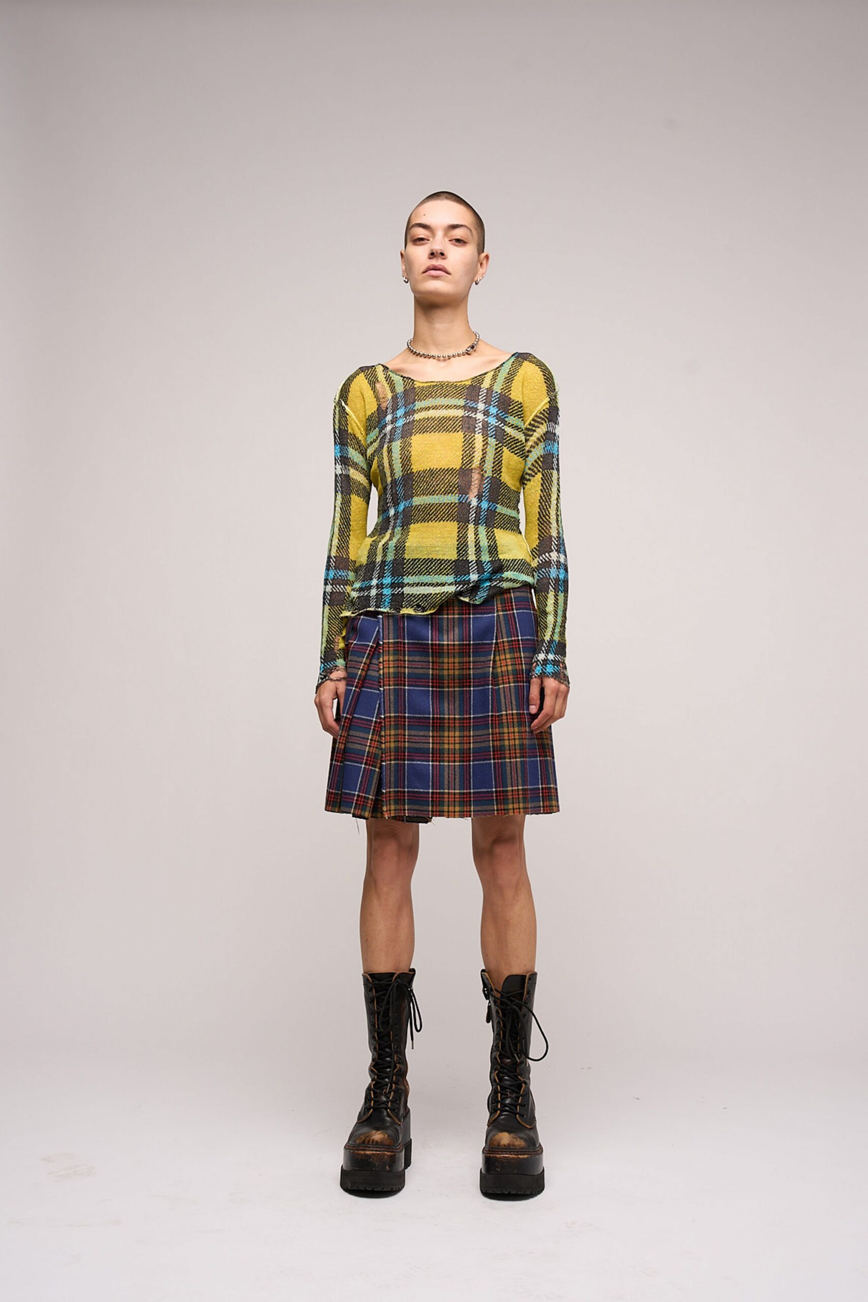 fitted yellow green top with plaid skirt