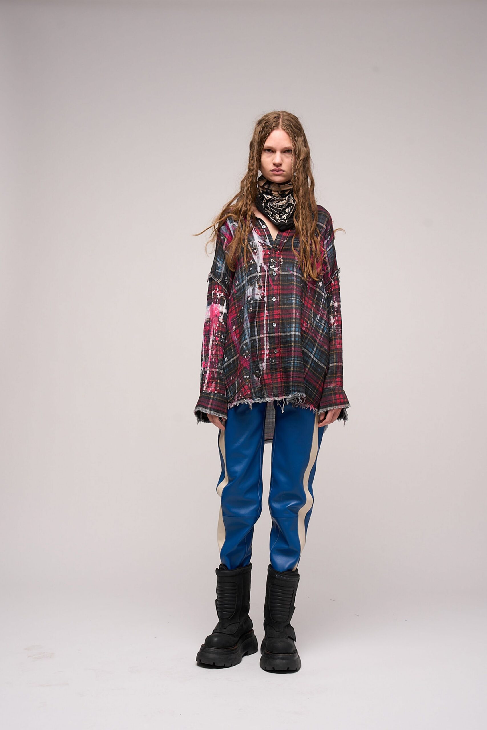 oversized plaid shirt with vinyl pants