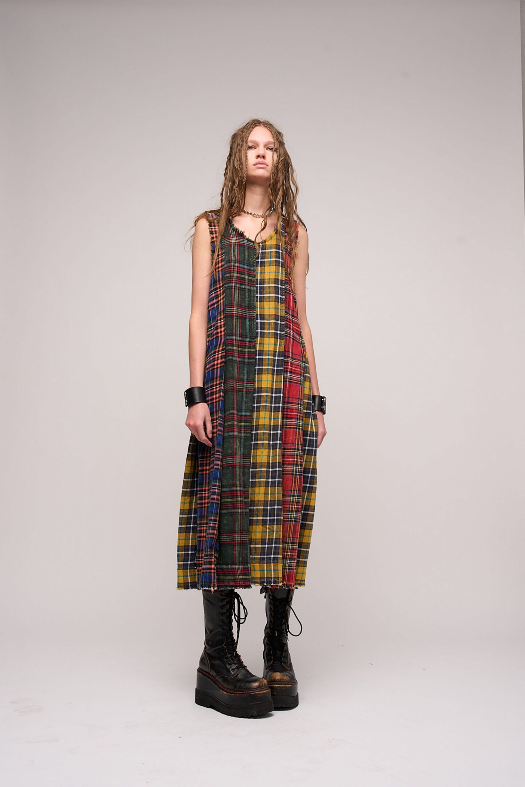 multi-colored plaid maxi dress