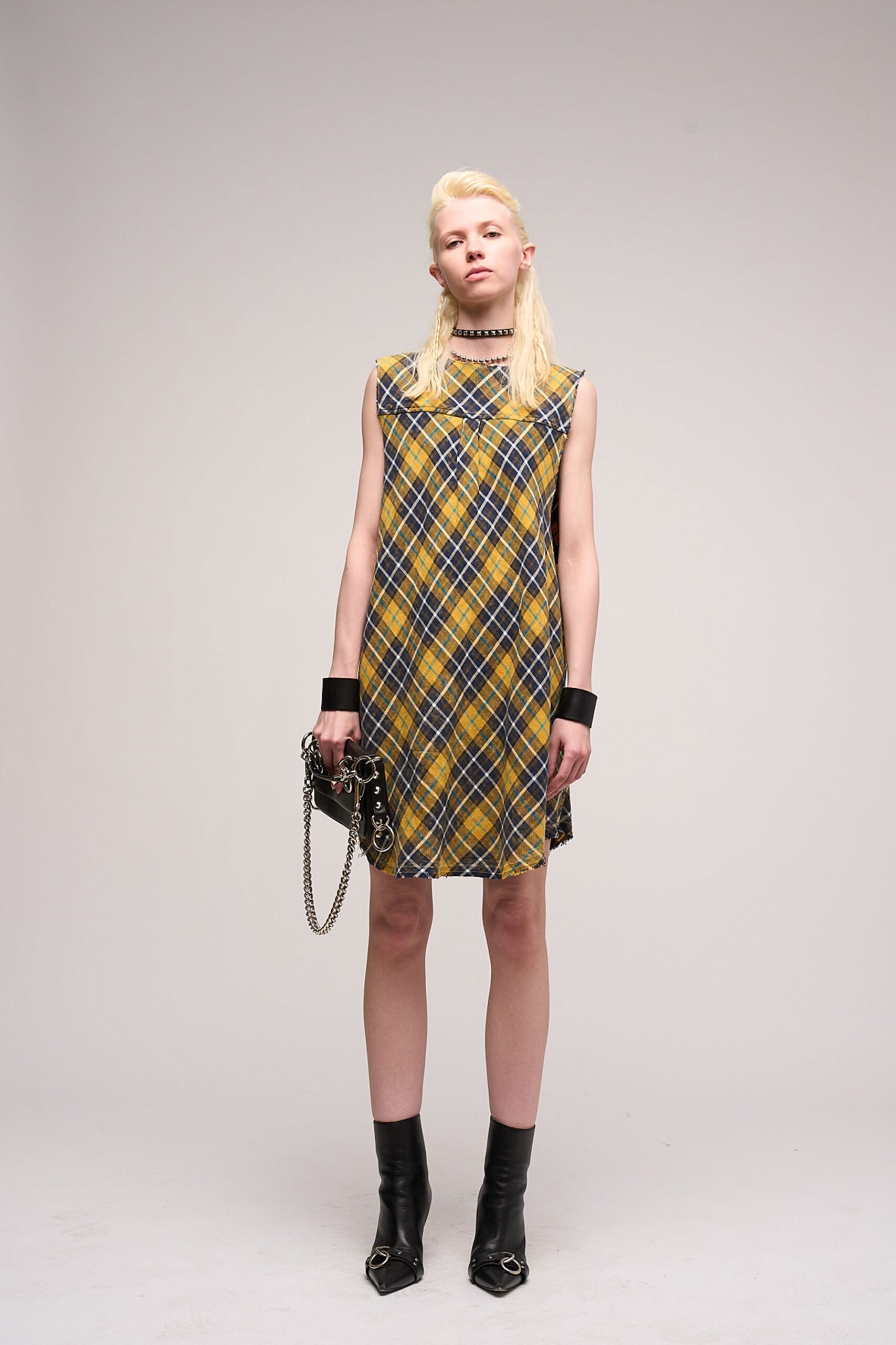 checked mini dress with boots