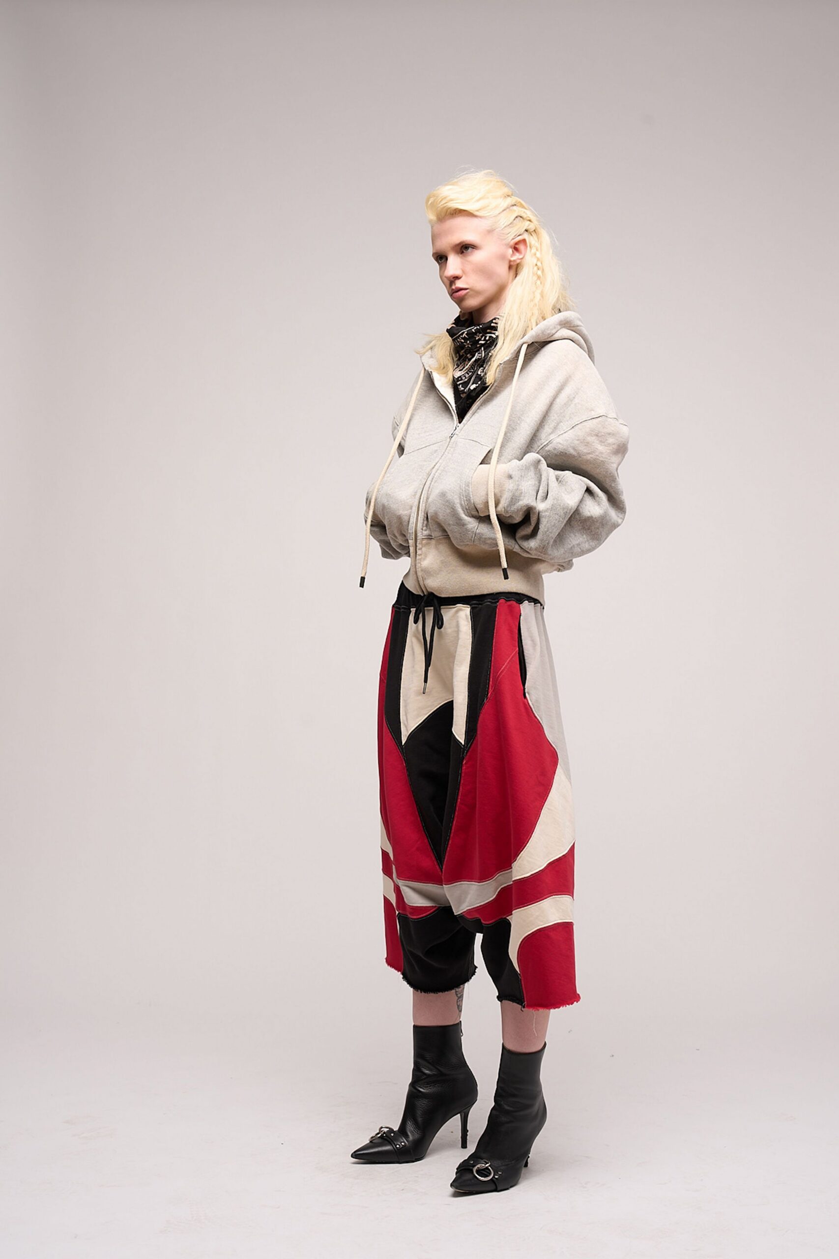 gray relaxed hoodie with color-blocked pants