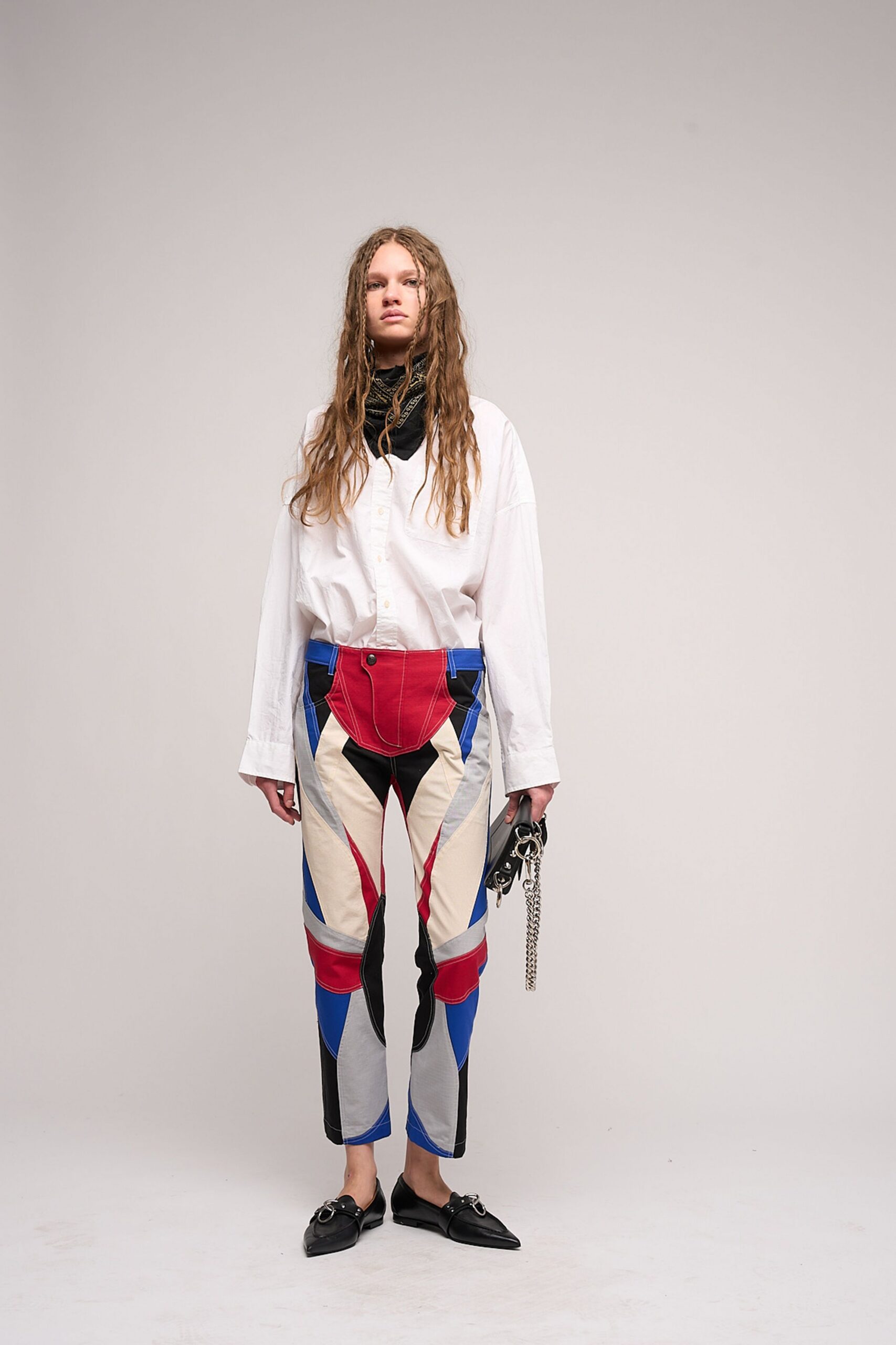 white shirt multi-color pants