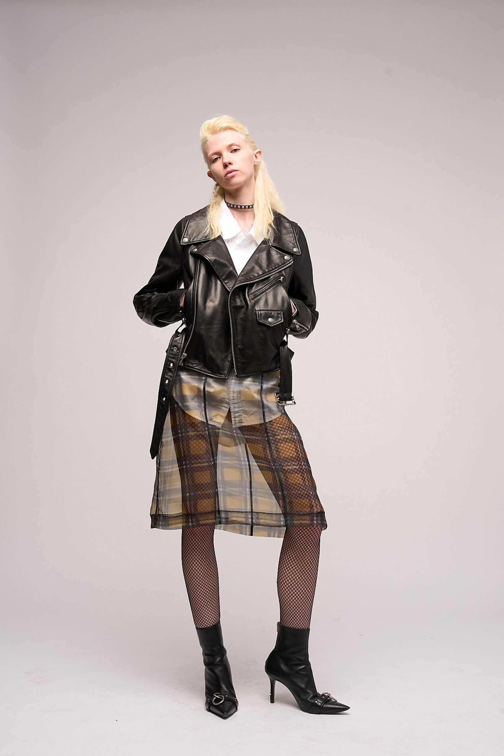 black leather jacket with midi skirt