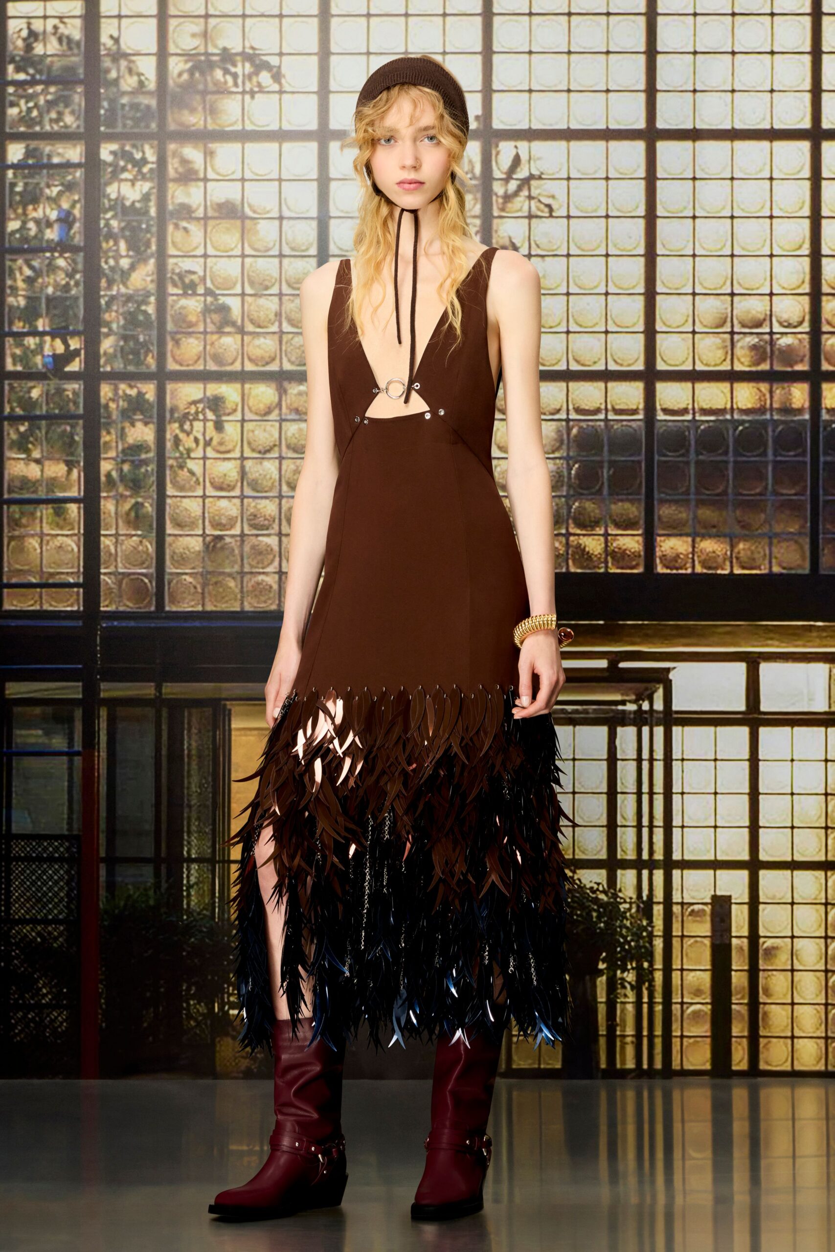 brown silk sleeveless v-neck fitted fringed midi dress