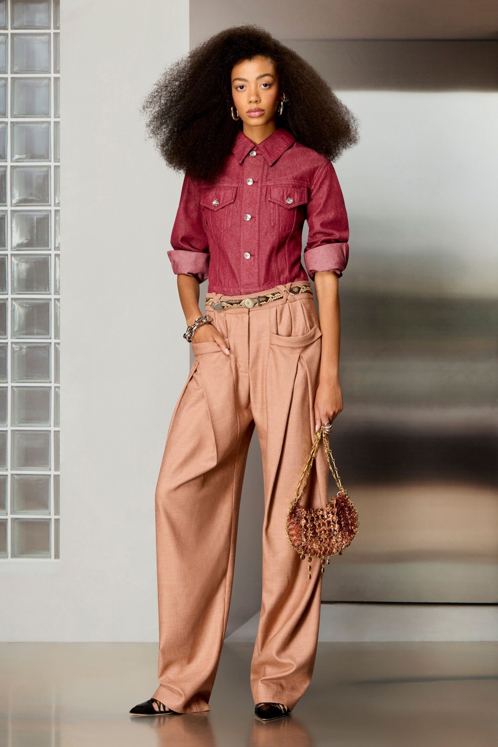red cotton long-sleeve collared relaxed buttoned shirt