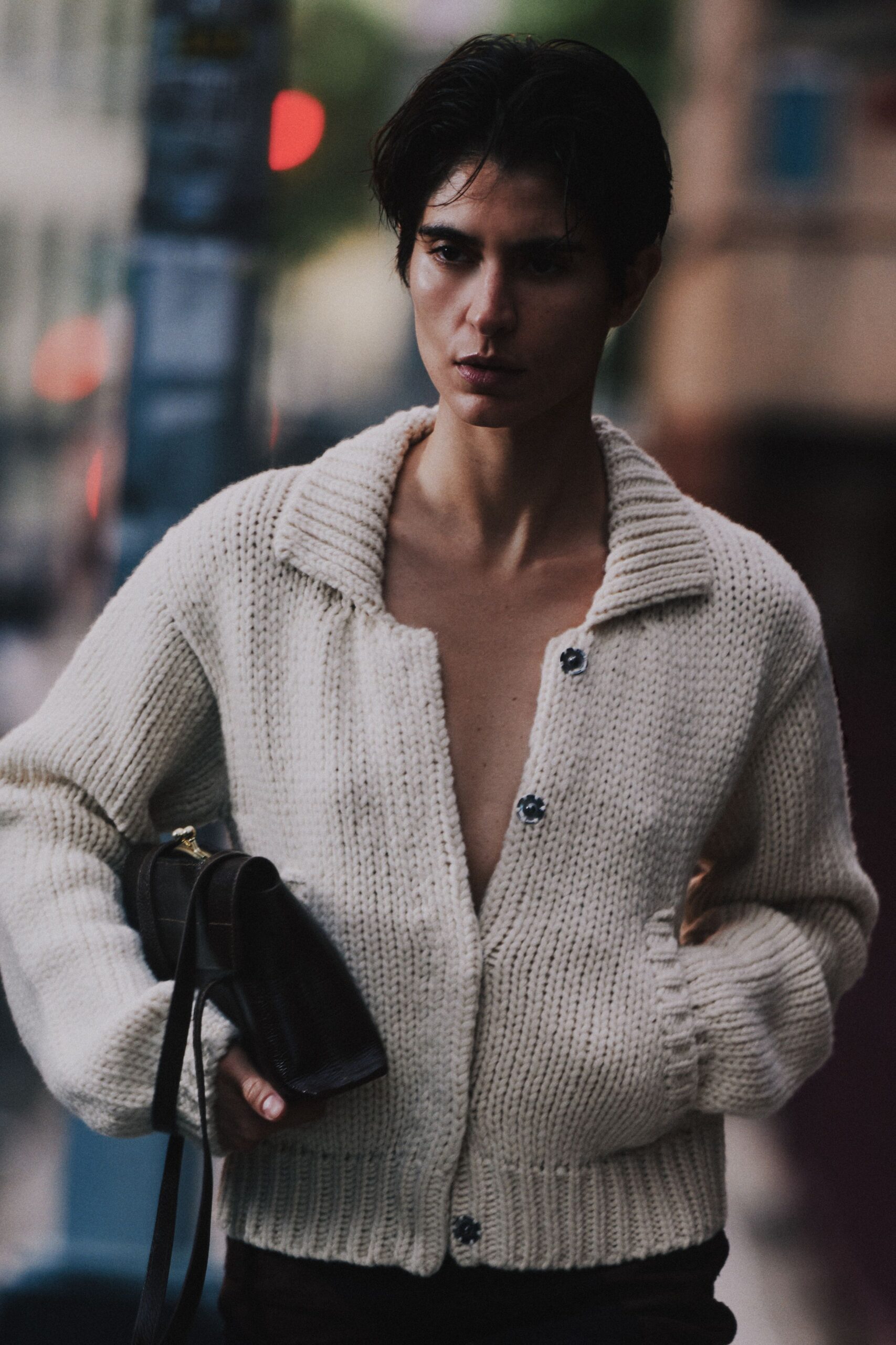 beige wool long-sleeve collared relaxed cardigan