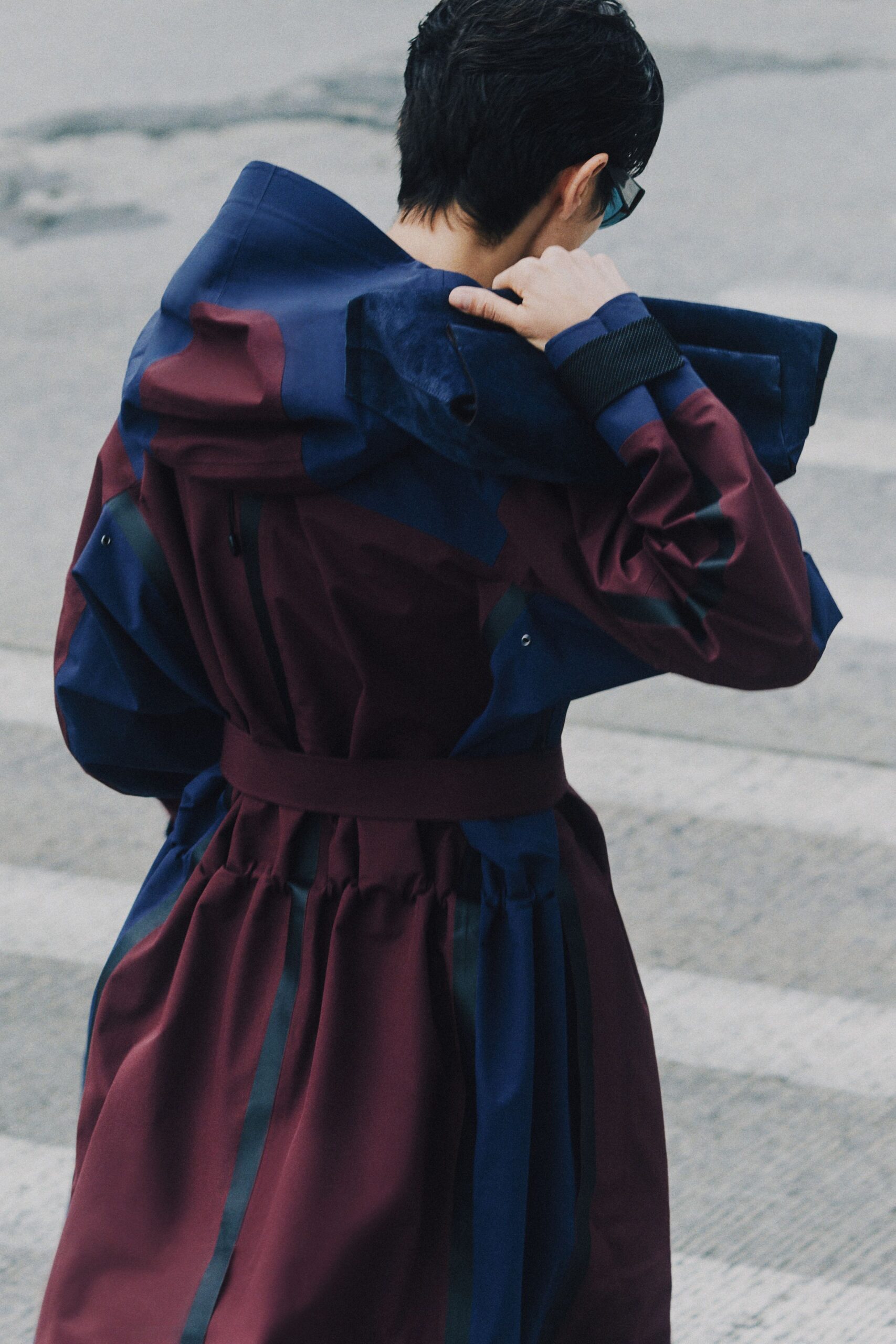 purple cotton hooded long-sleeve relaxed belted zippered coat