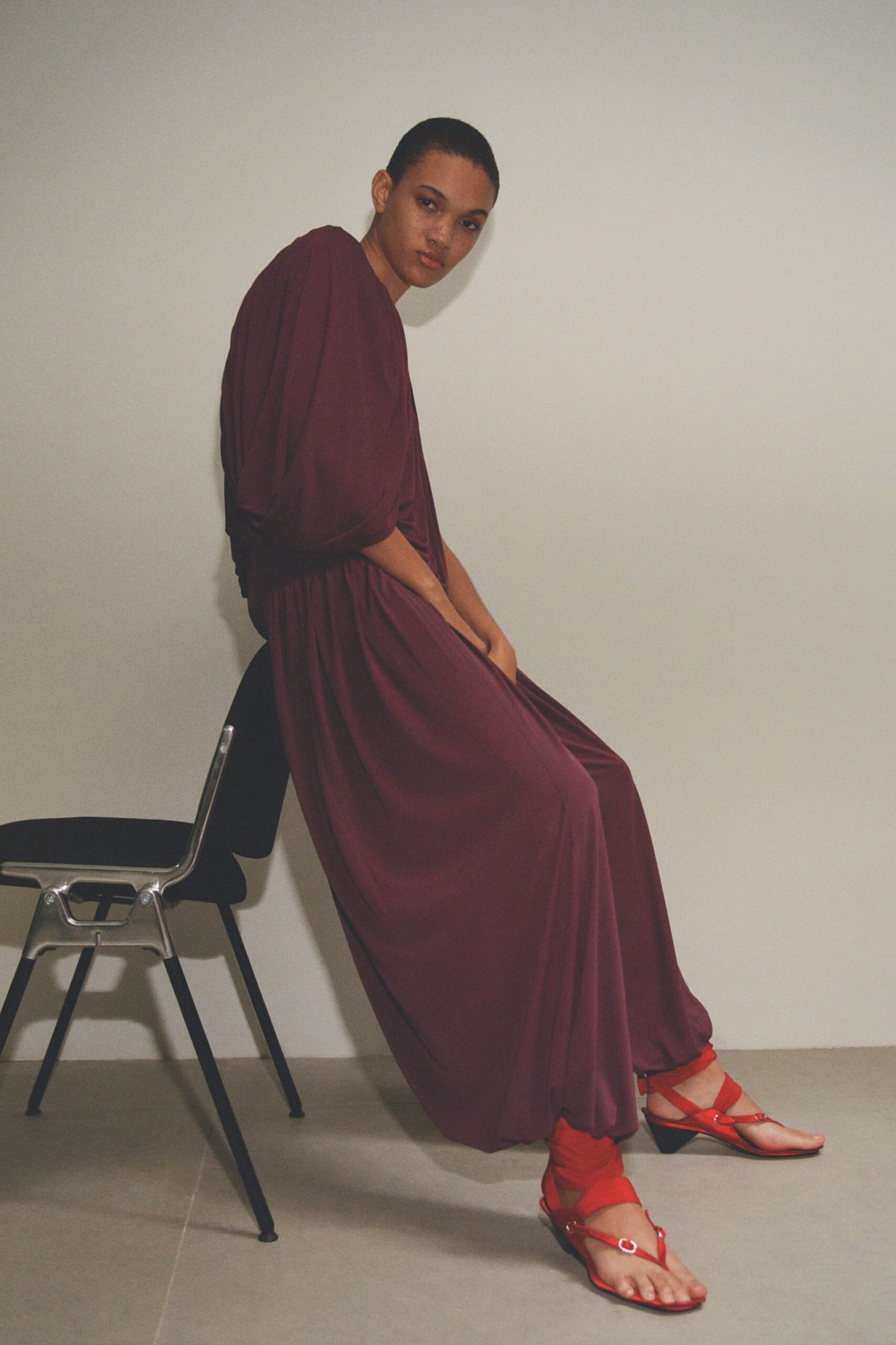 purple silk short-sleeve v-neck relaxed draped flowing dress