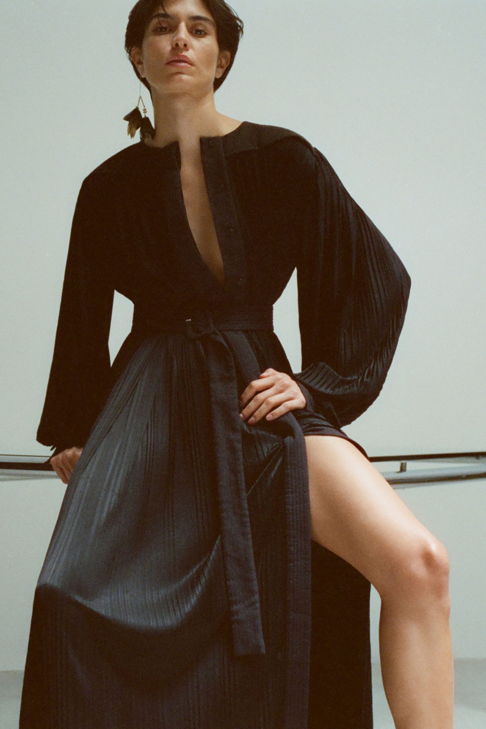 black silk pleated midi dress