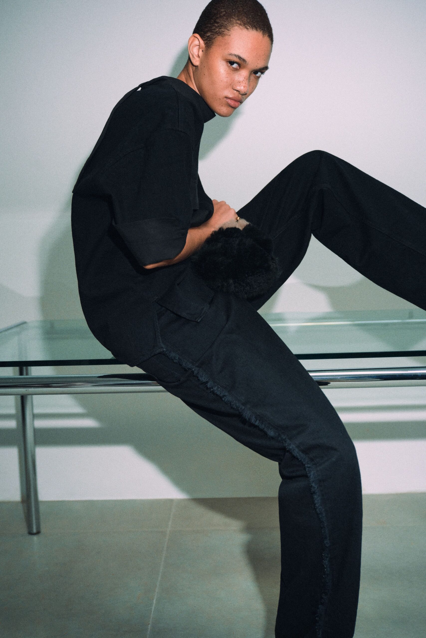 black denim fitted straight-leg pants