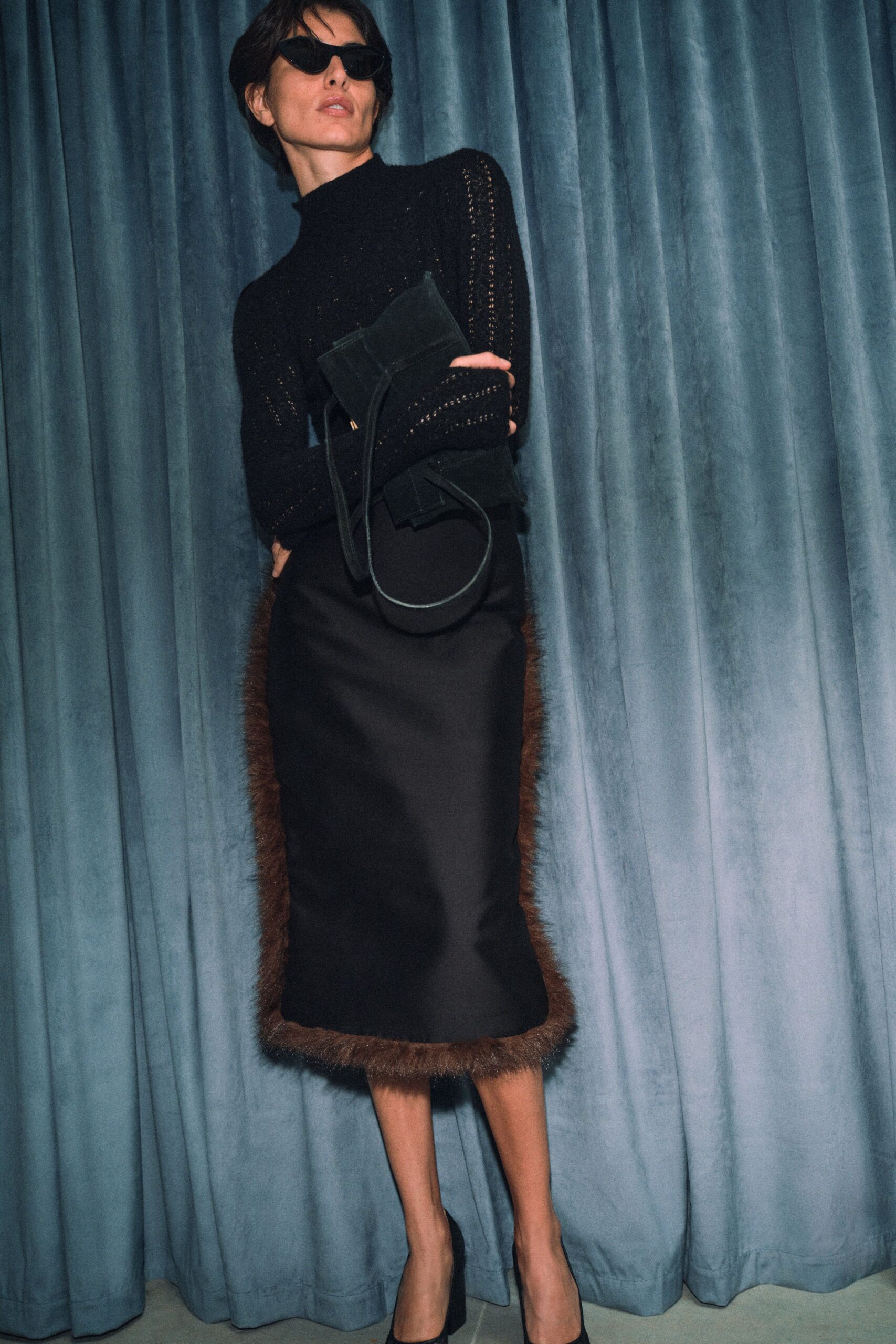 black silk fitted straight-leg fringed skirt
