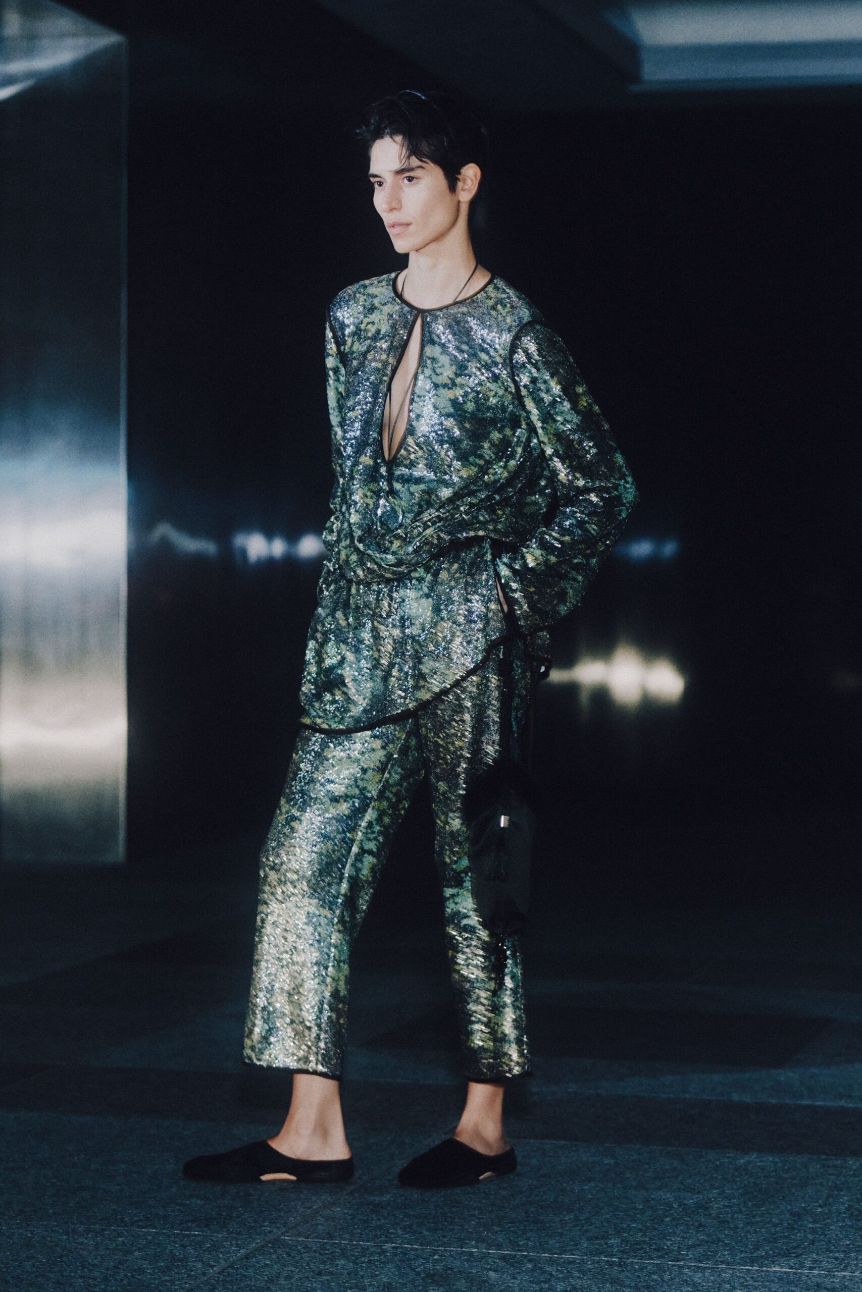 green sequin long-sleeve v-neck relaxed draped shiny top