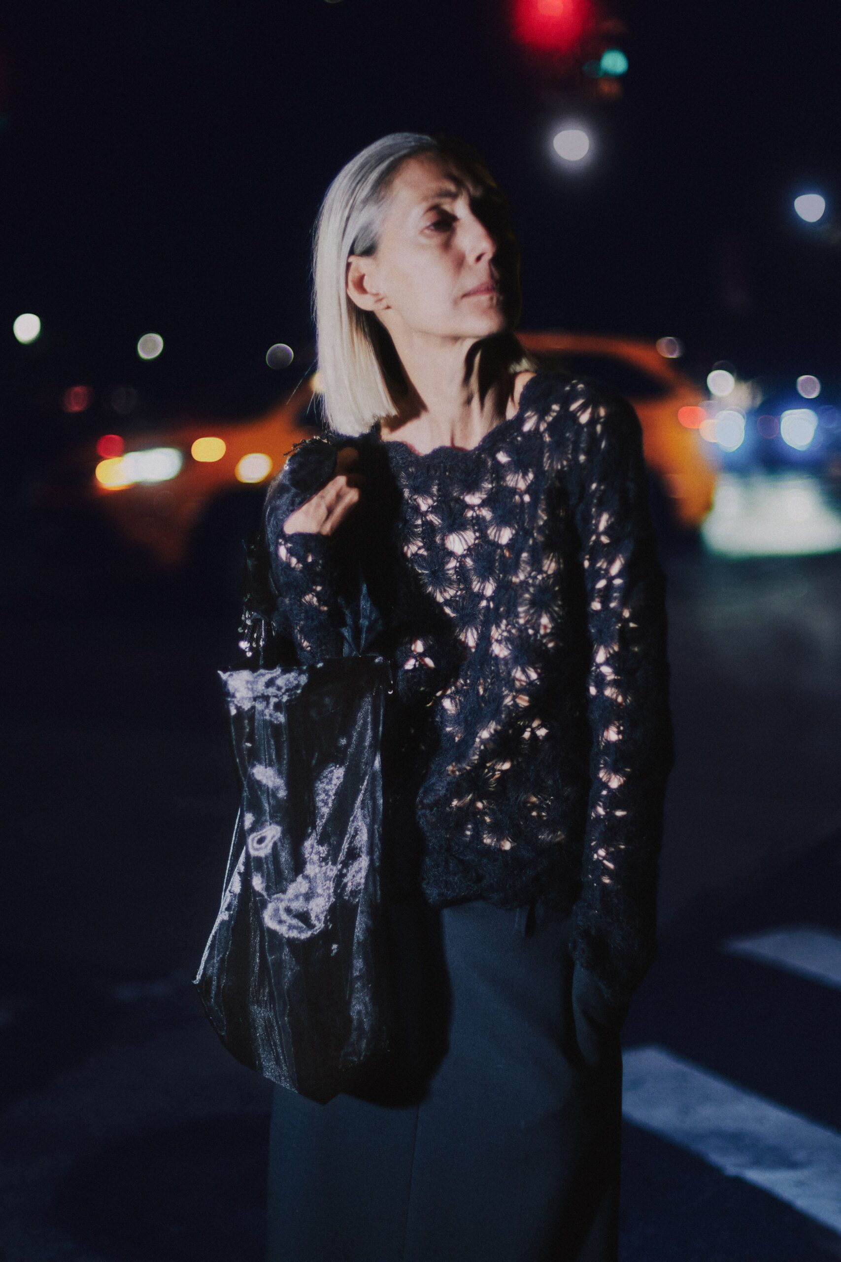 black wool long-sleeve collared relaxed textured sheer sweater