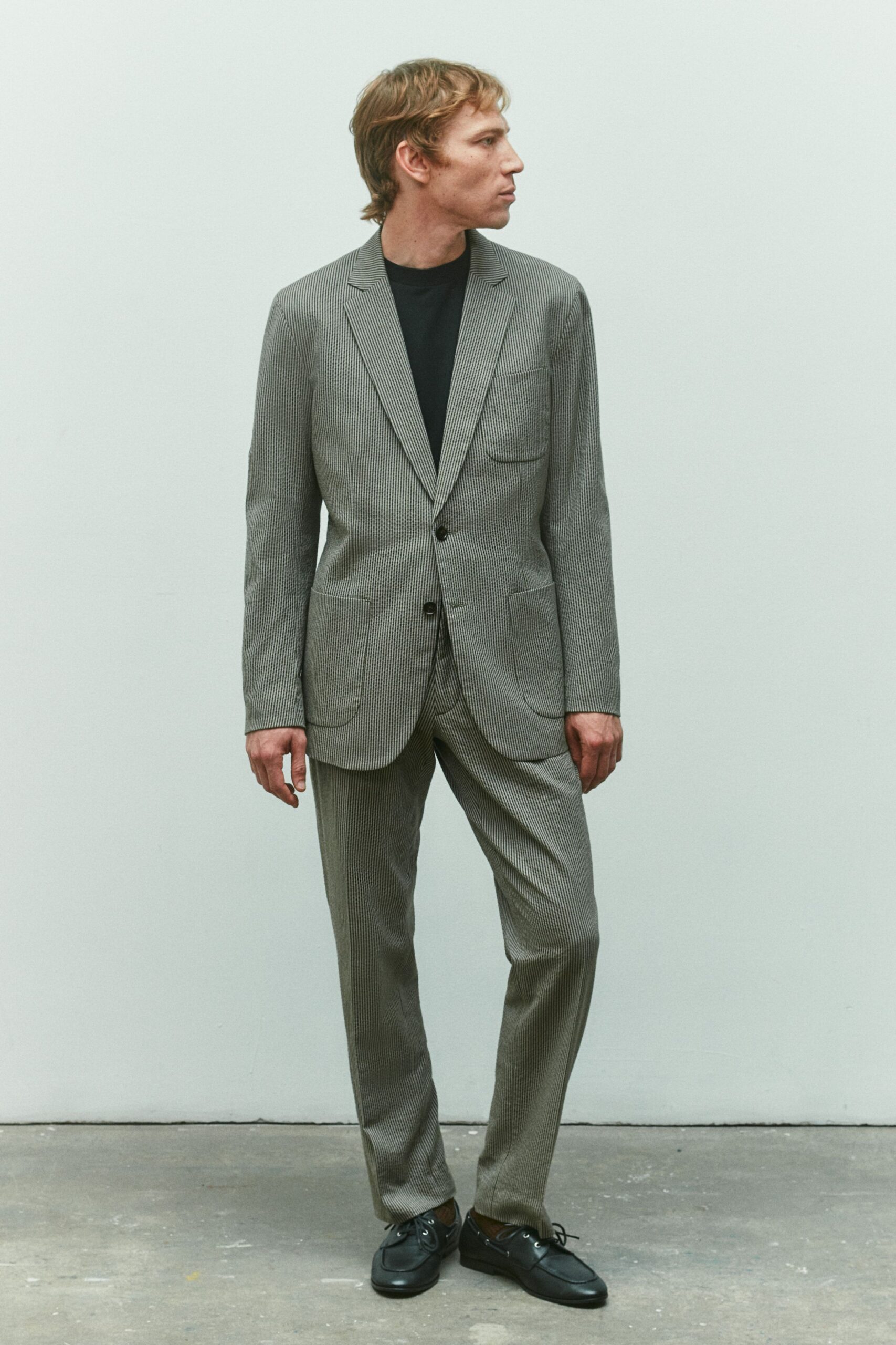 gray cotton long-sleeve collared tailored checked buttoned suit