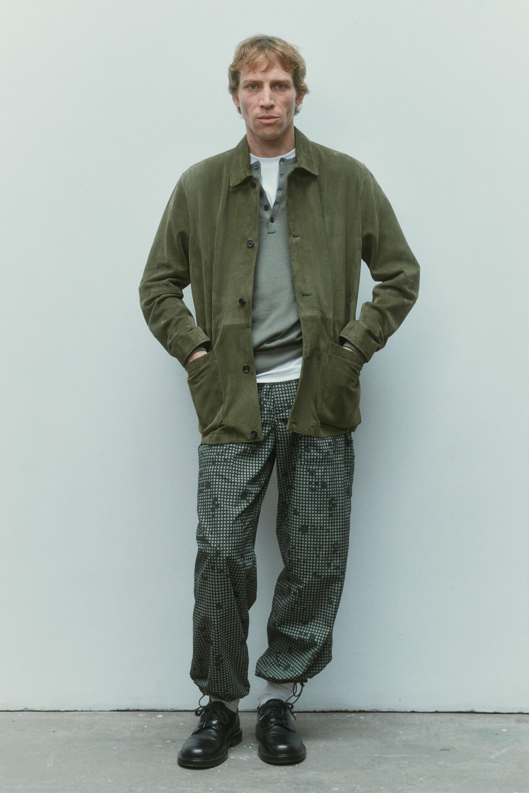 green cotton long-sleeve collared relaxed jacket