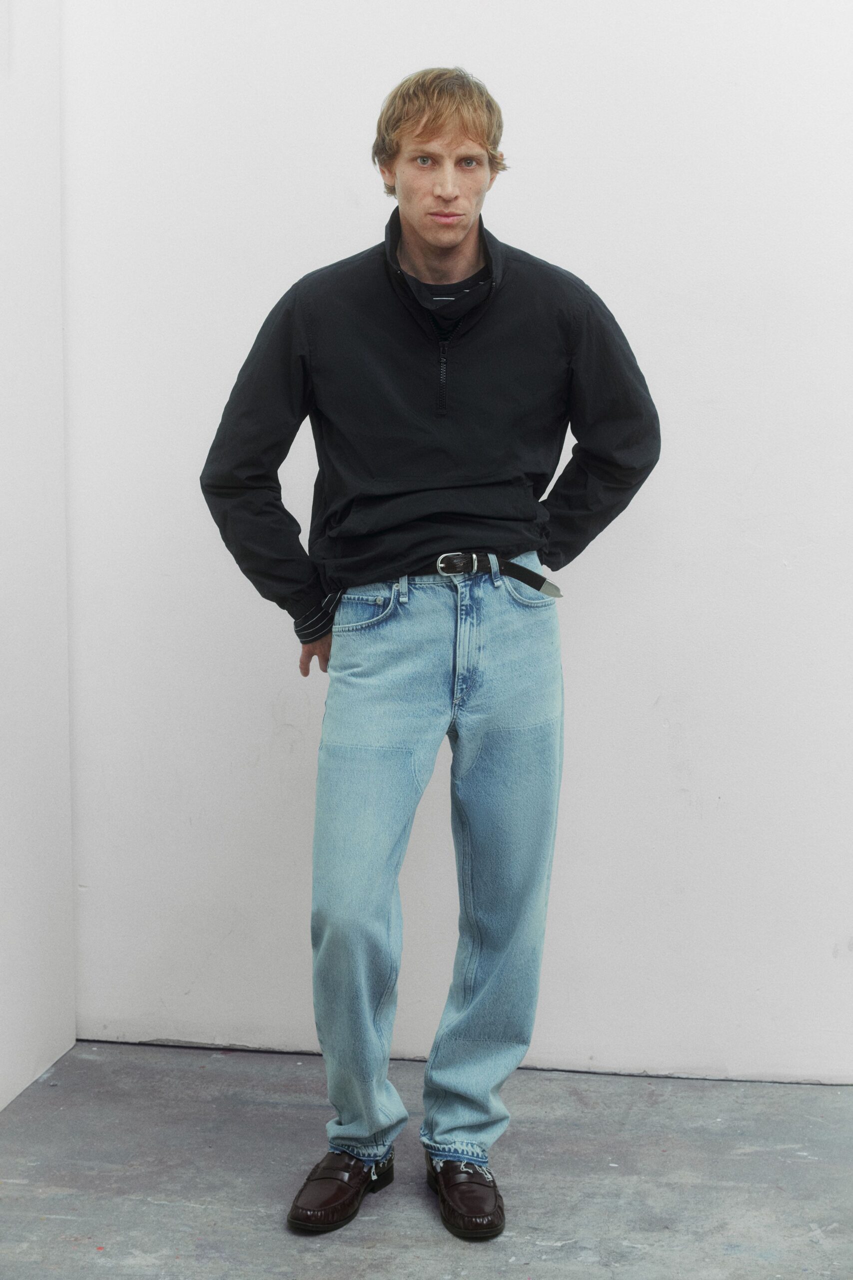 blue denim relaxed straight-leg pants