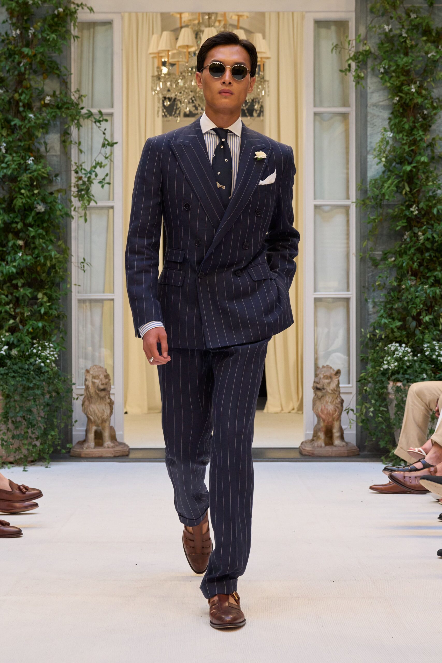 blue wool long-sleeve collared tailored striped suit