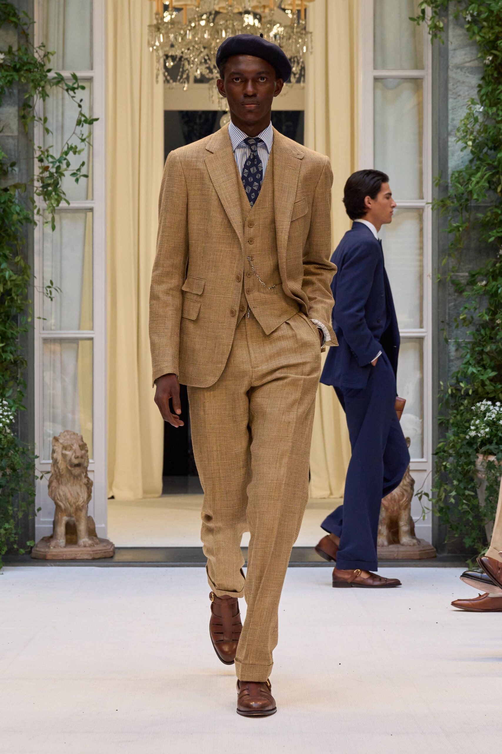 beige cotton long-sleeve collared tailored buttoned suit