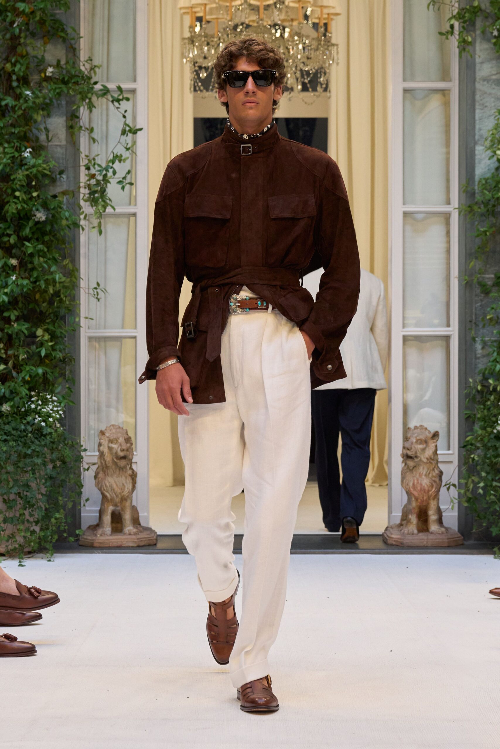brown suede long-sleeve collared relaxed zippered belted jacket