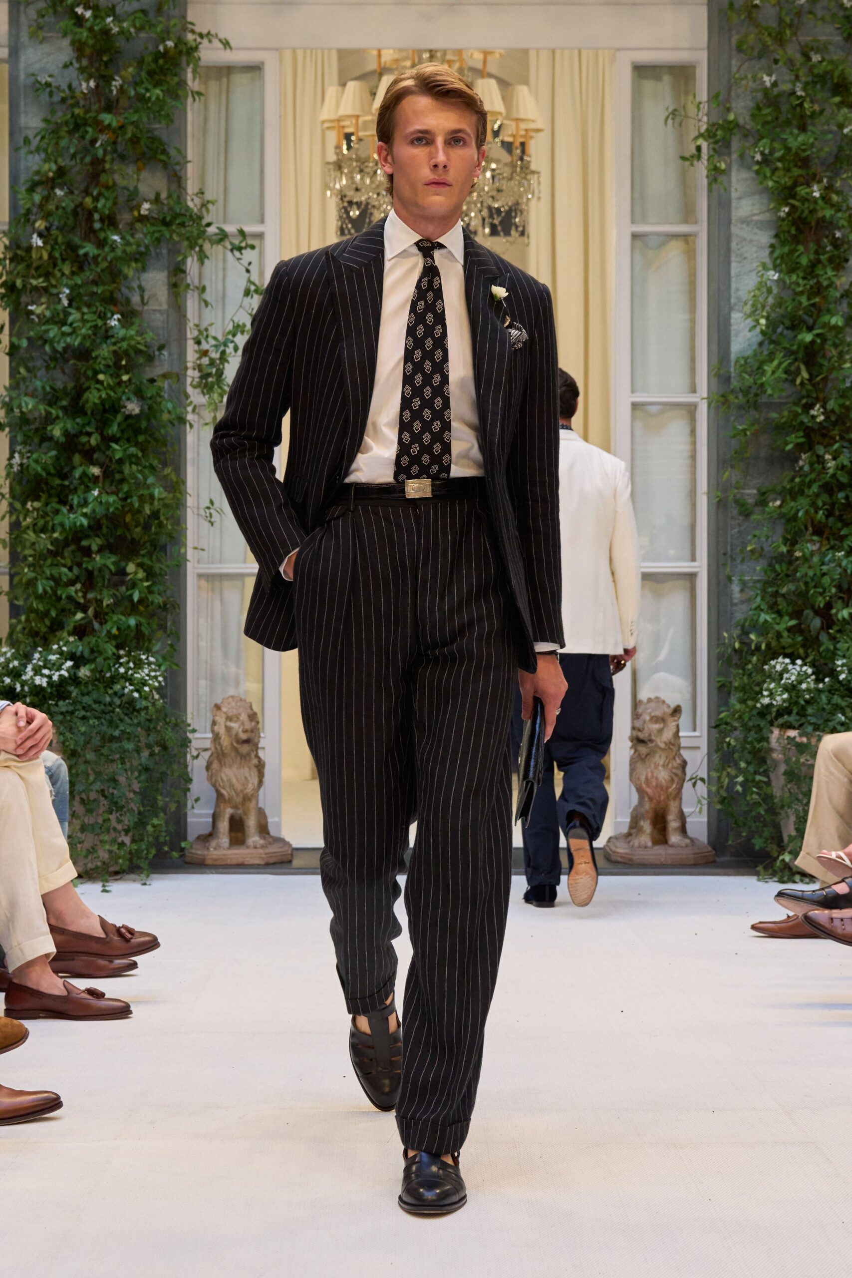 black and white striped suit