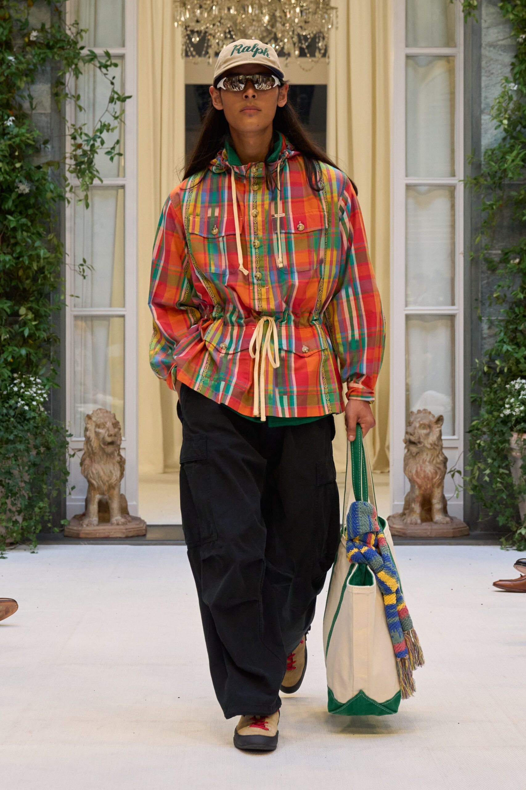 multi-colored hooded jacket with cargo pants