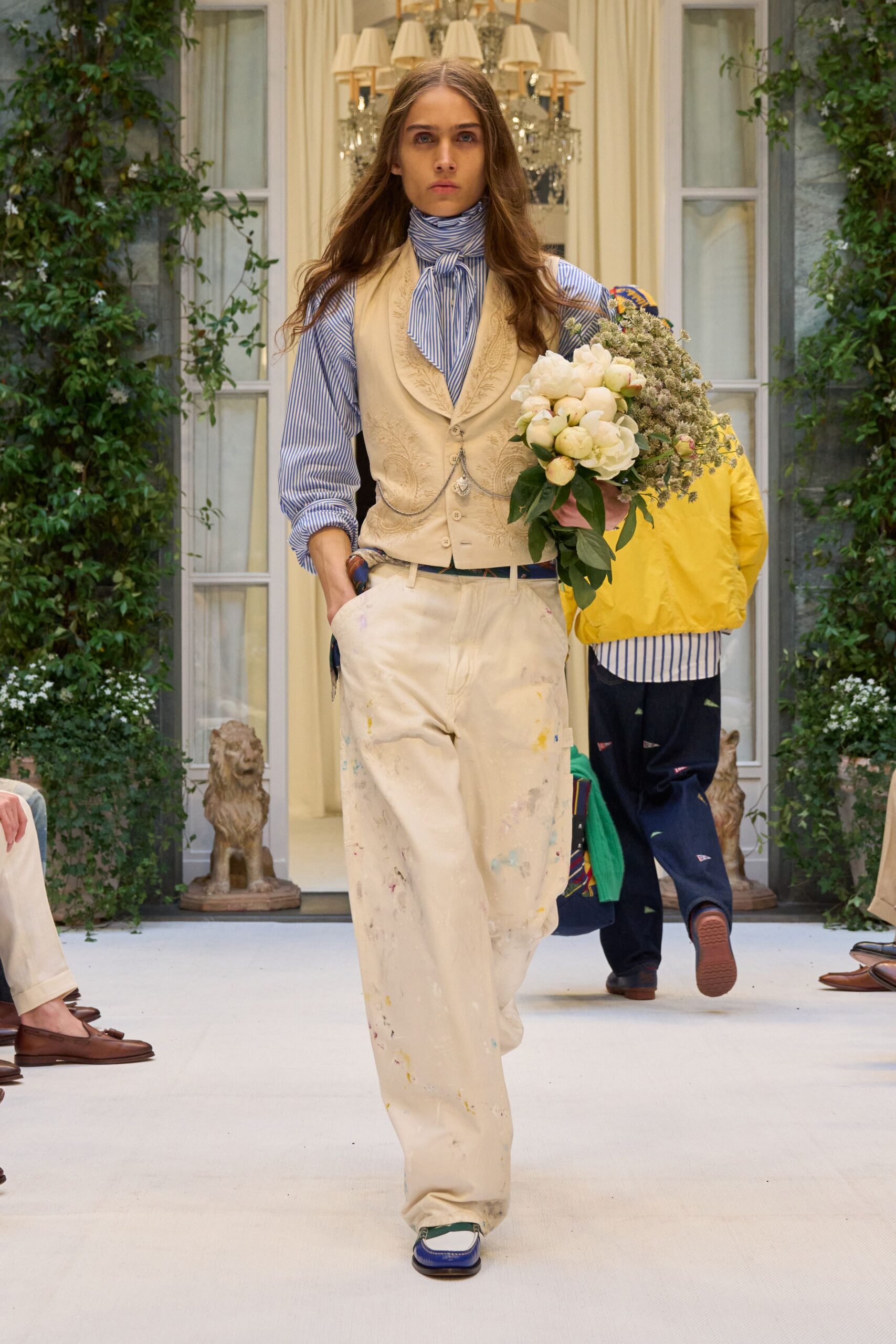 beige cotton long-sleeve collared fitted buttoned vest