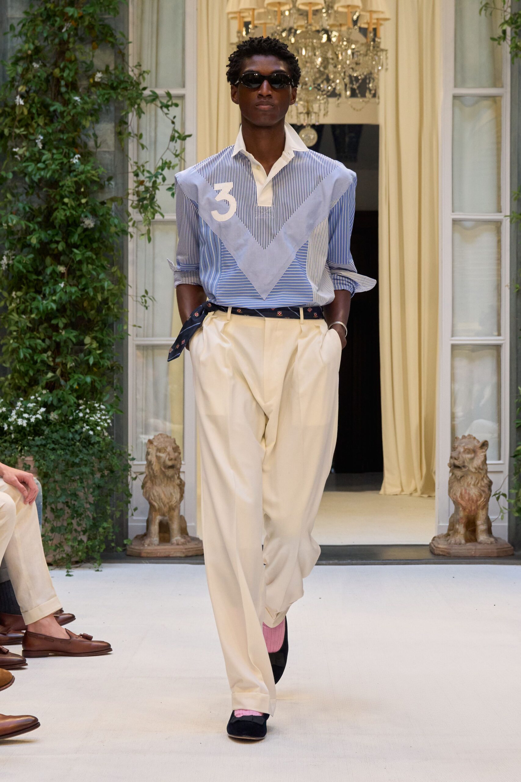 blue striped shirt beige pants