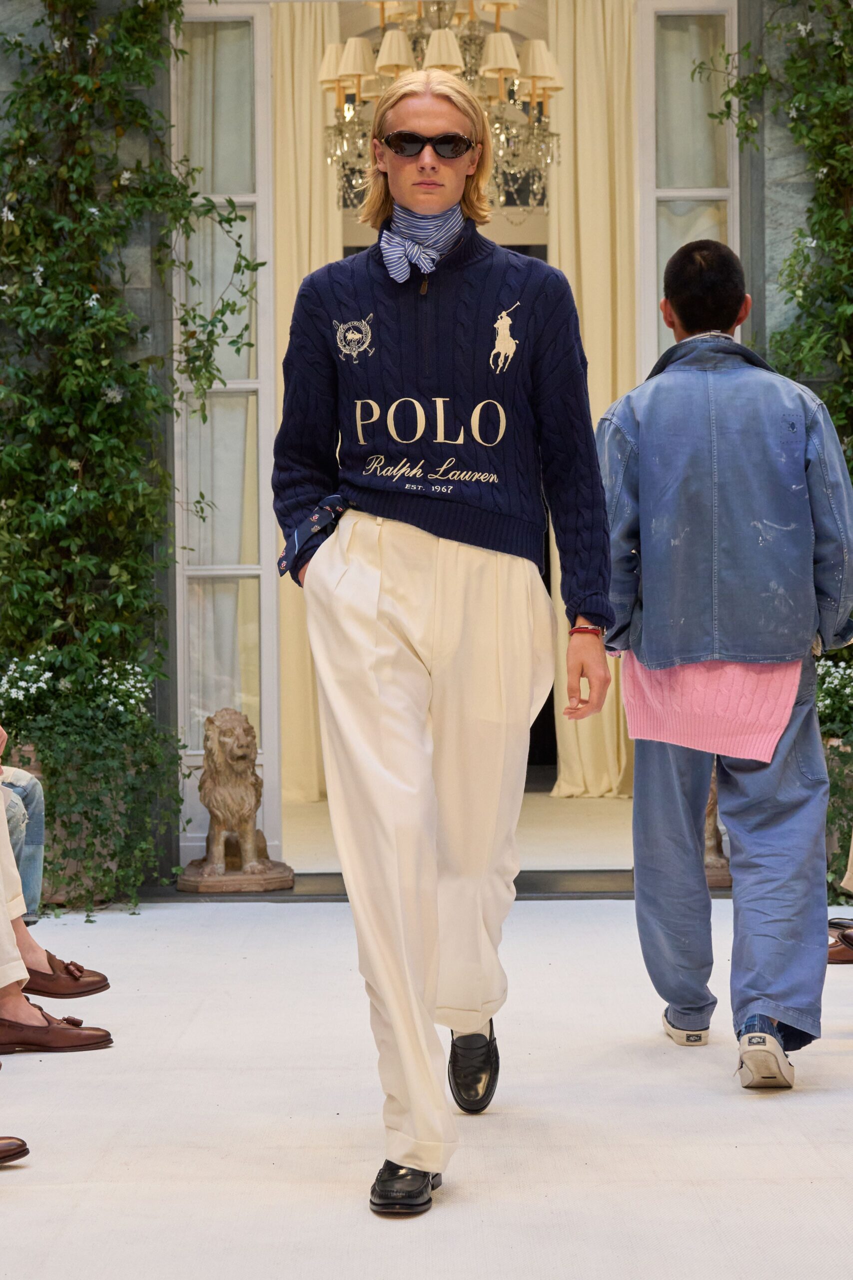 blue cotton long-sleeve collared fitted embroidered sweater