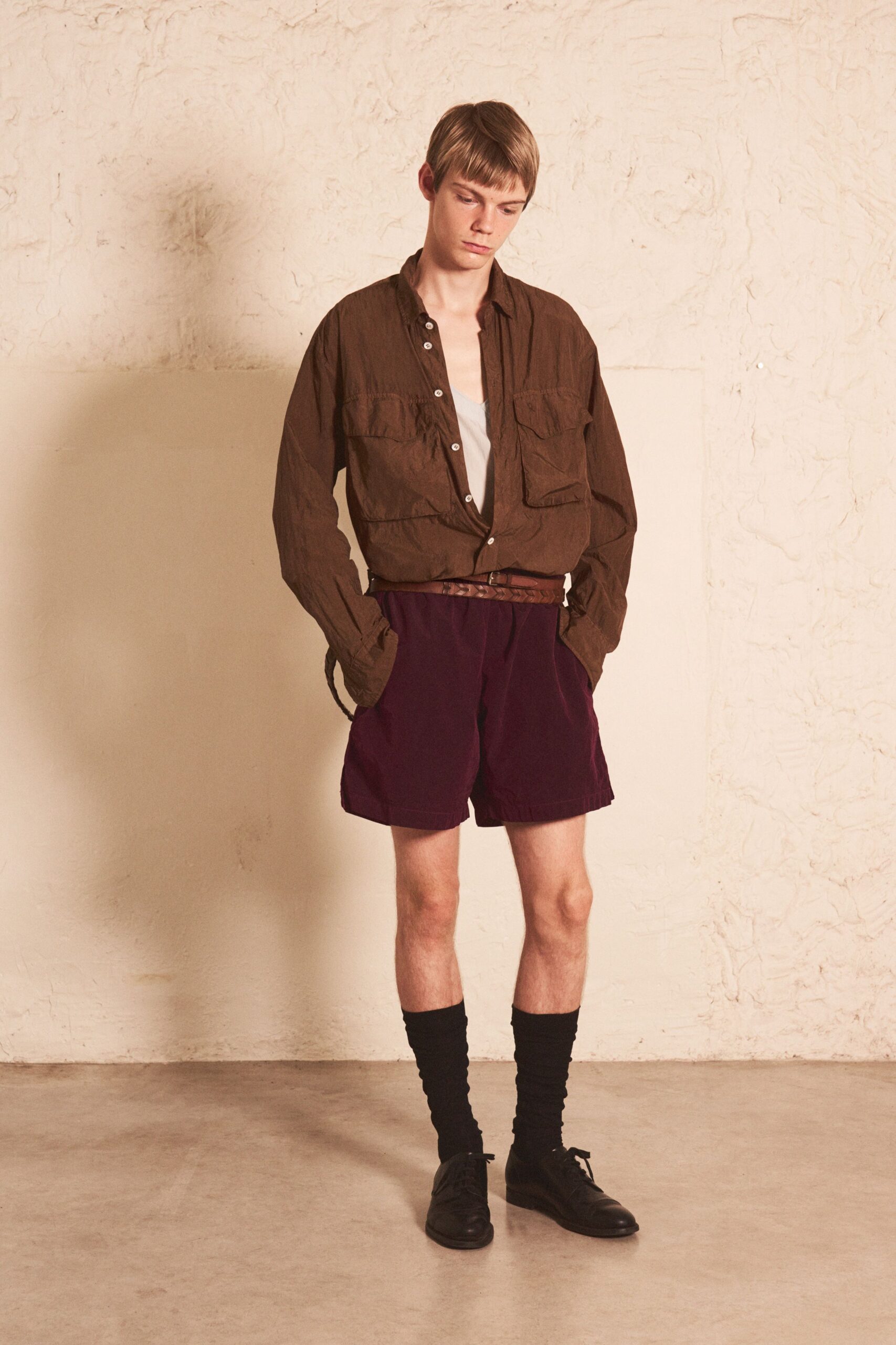 brown cotton long-sleeve collared relaxed shirt
