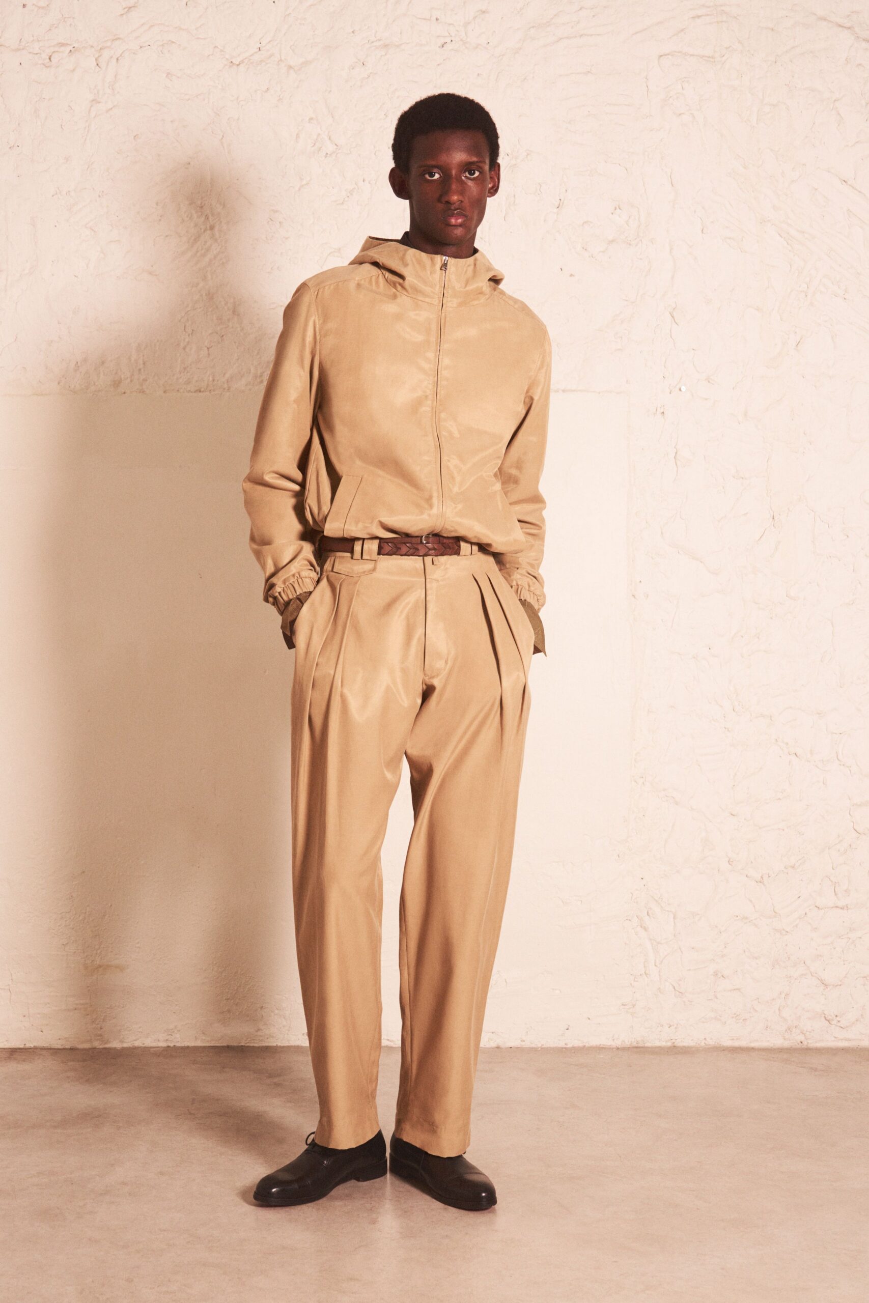 beige leather long-sleeve hooded relaxed zippered jacket
