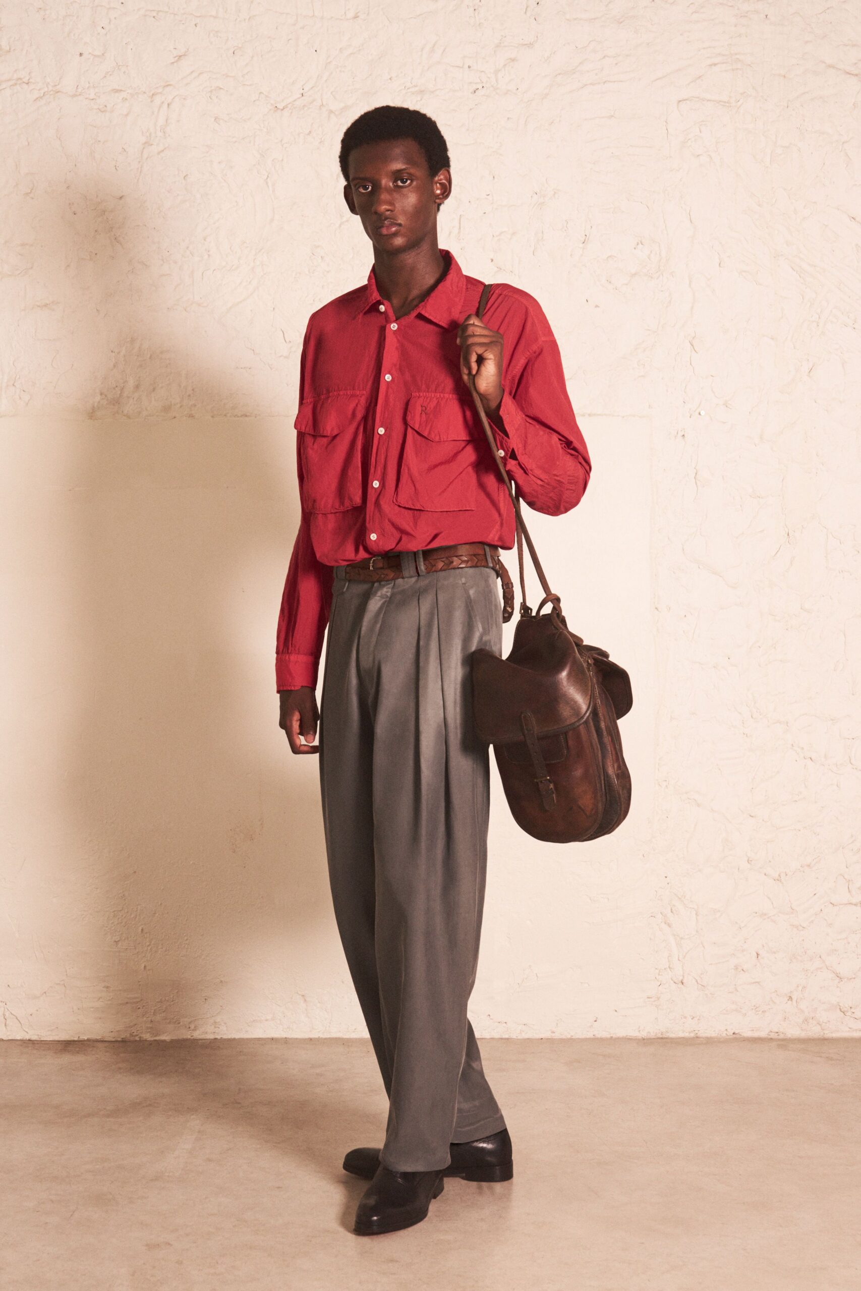 red long-sleeve collared relaxed buttoned shirt