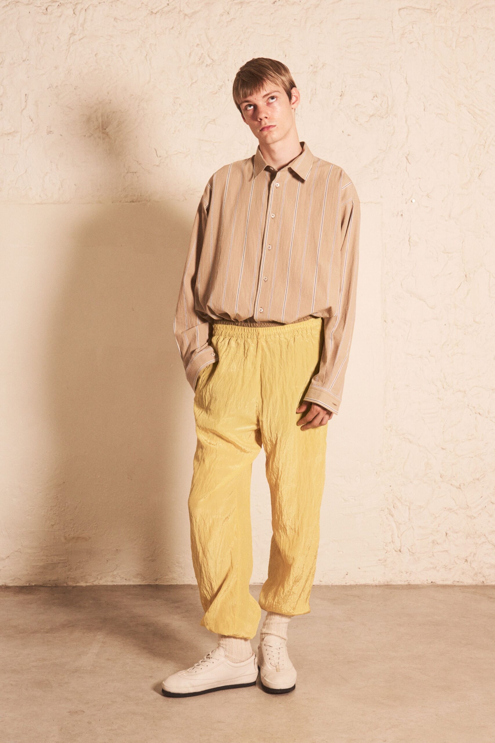 yellow cotton relaxed pleated pants