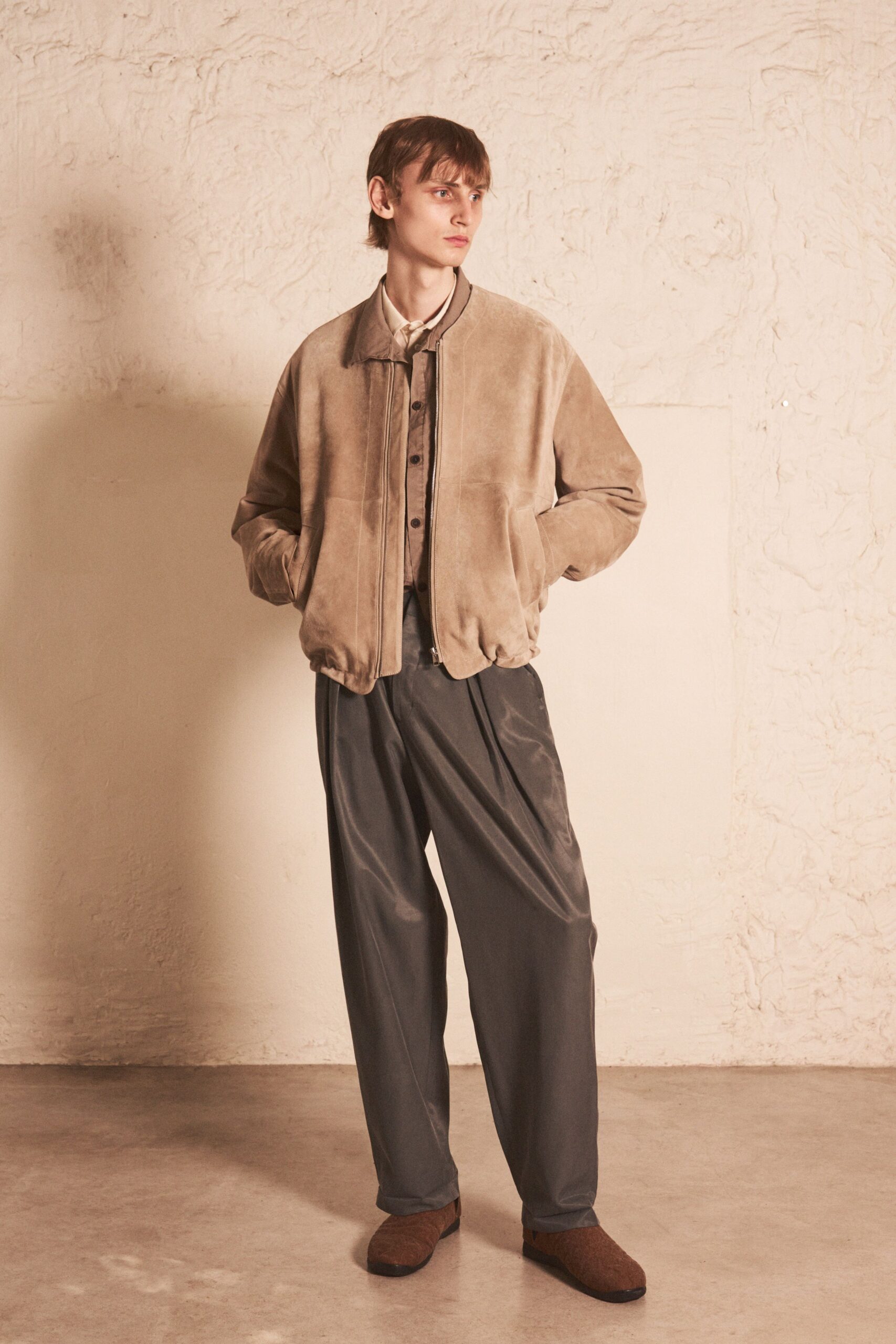 beige suede long-sleeve collared relaxed jacket