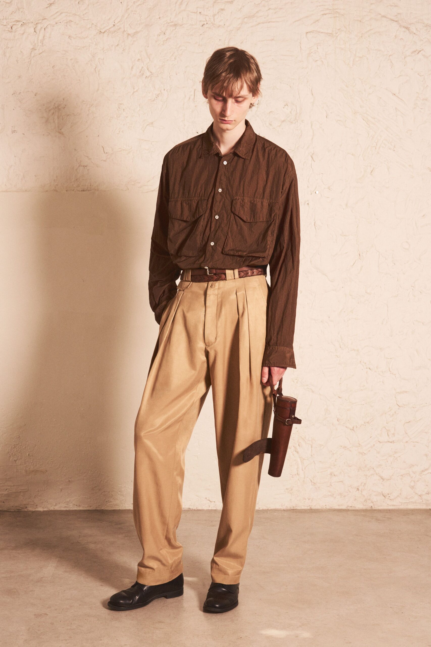 beige cotton relaxed high-waisted pleated wide-leg pants