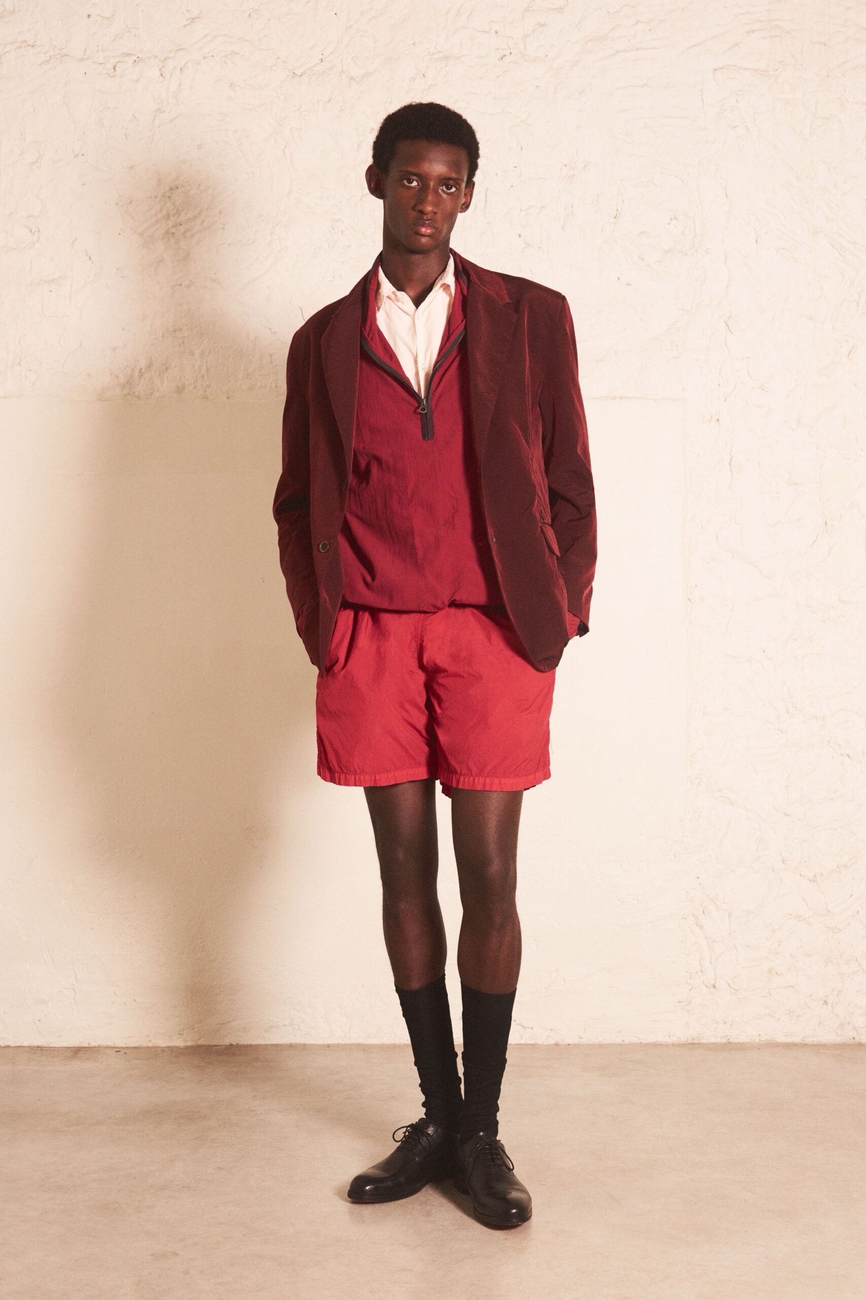 red cotton long-sleeve collared structured blazer