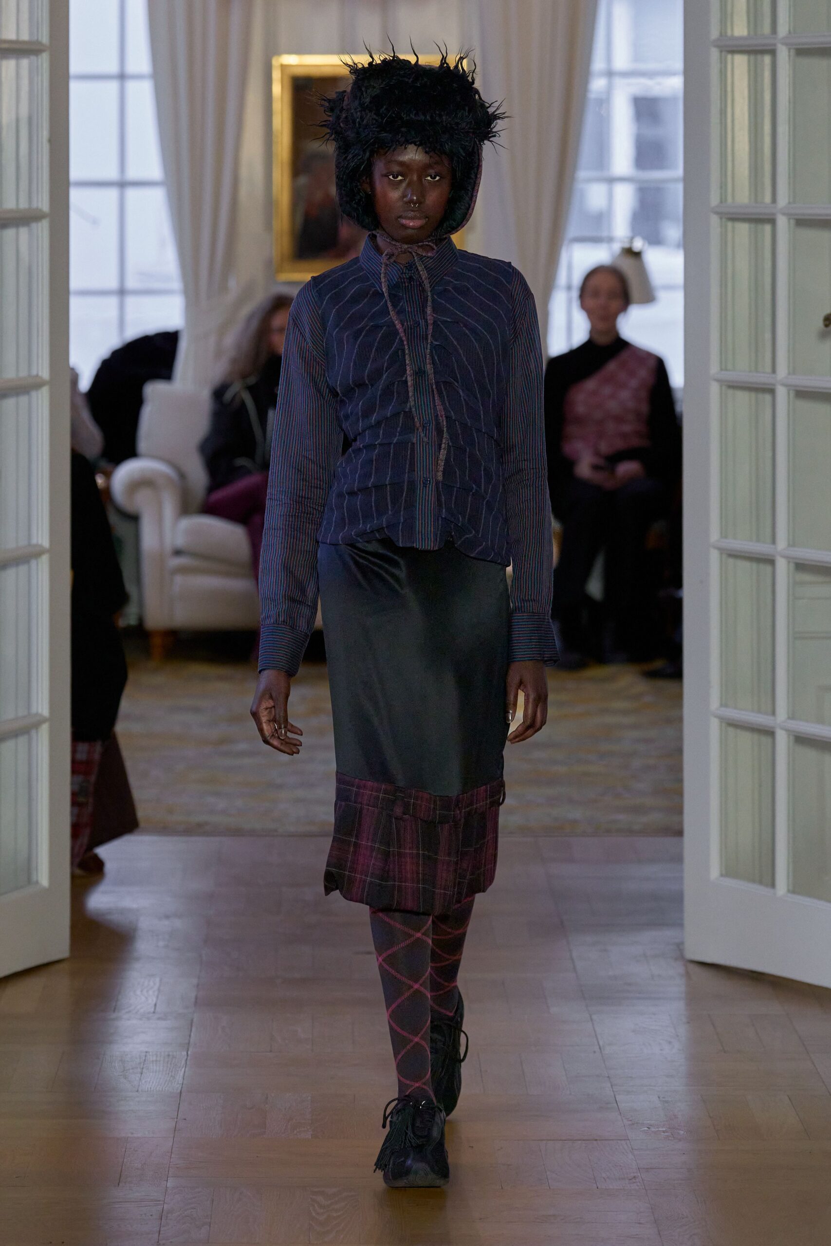 black silk fitted checked tiered skirt