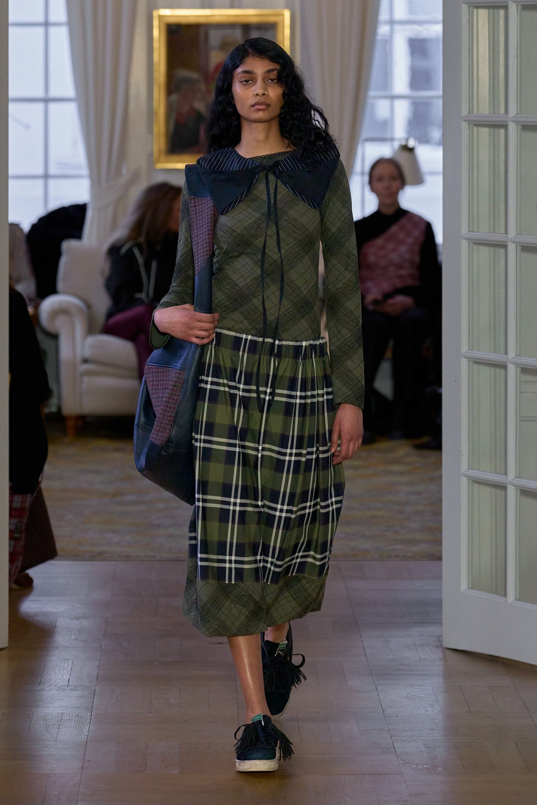 green cotton long-sleeve collared relaxed checked tiered dress