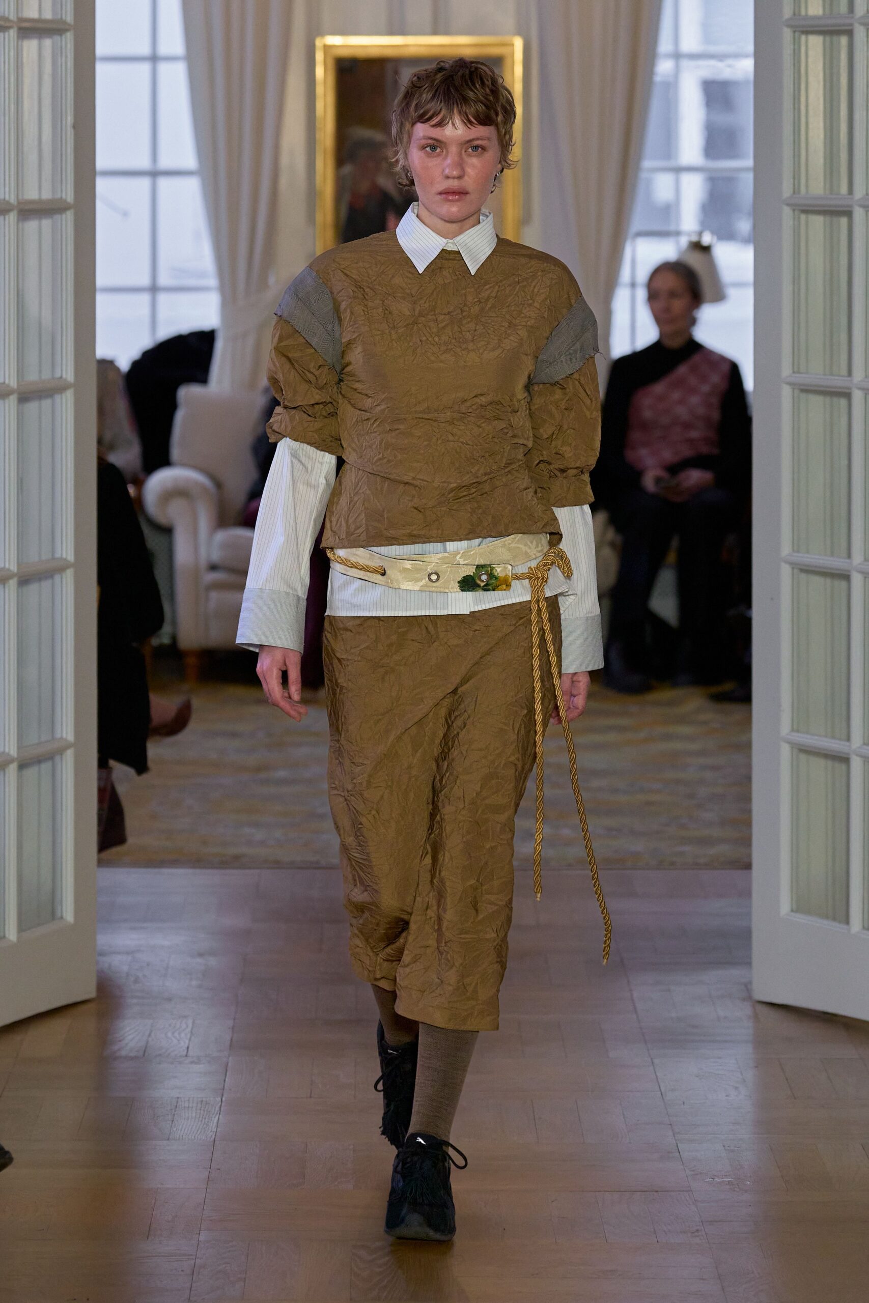 brown cotton long-sleeve collared fitted pleated midi dress