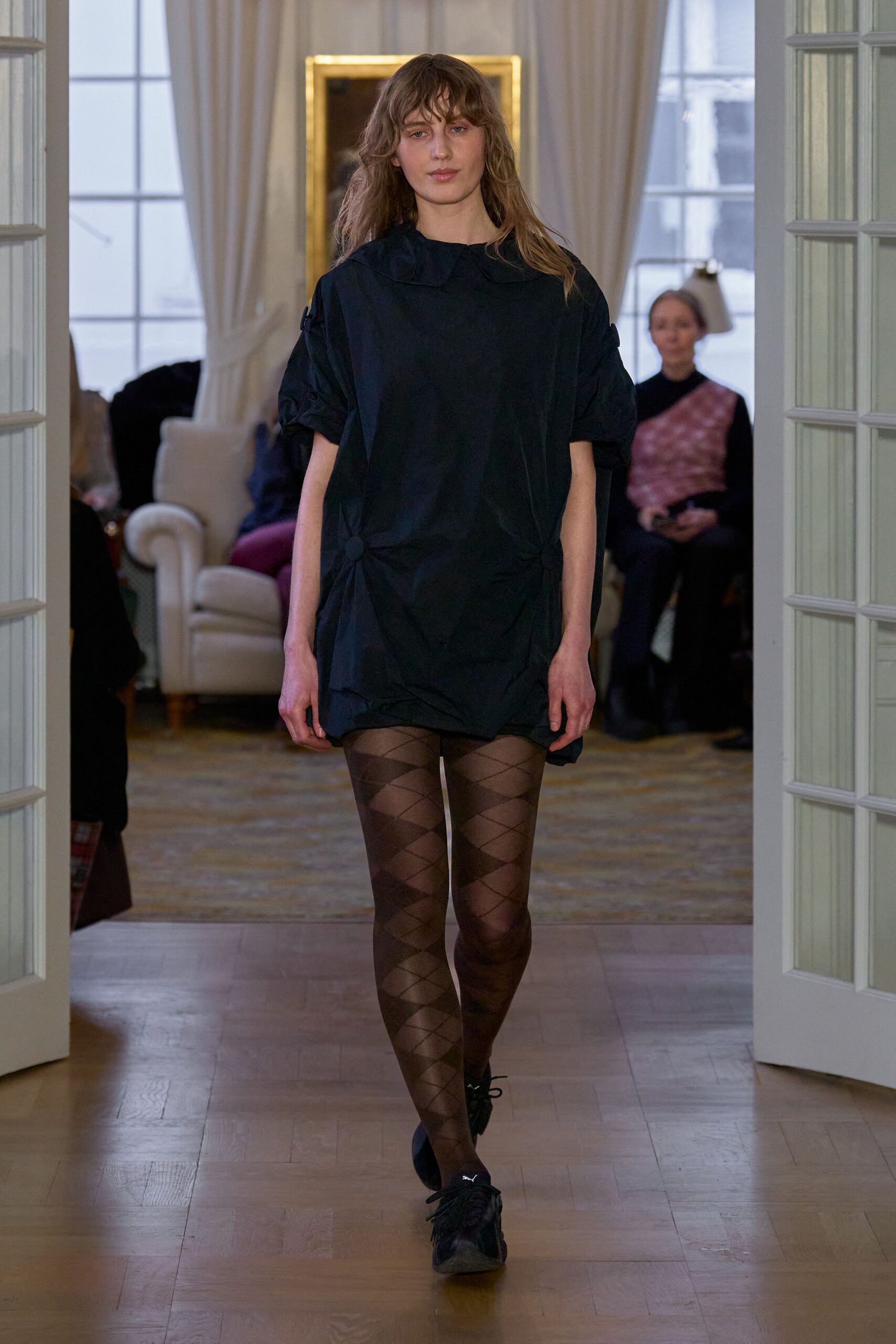 black cotton short-sleeve high-neck relaxed pleated mini dress
