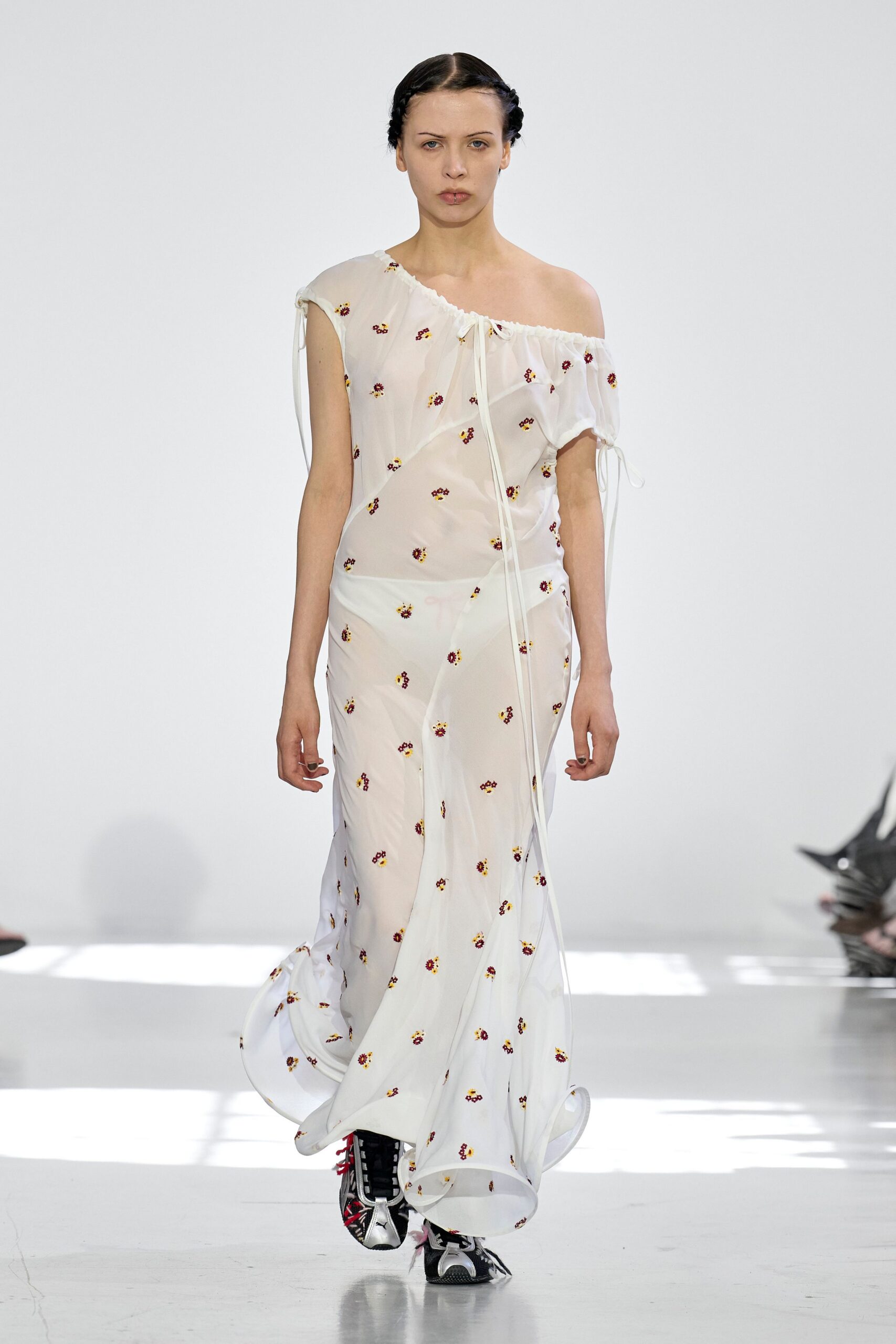 white chiffon sleeveless off-shoulder fitted embroidered gown
