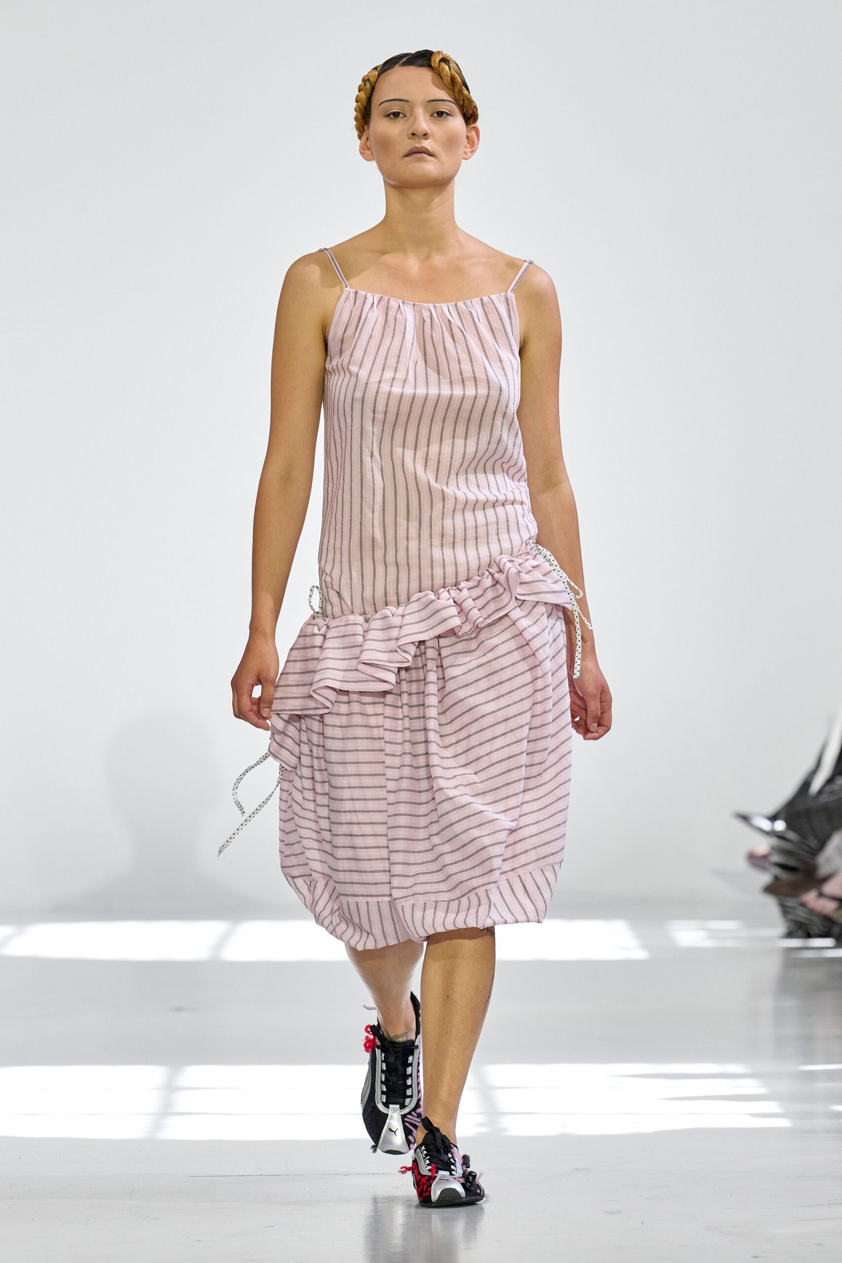 pink cotton sleeveless v-neck relaxed striped ruffled dress