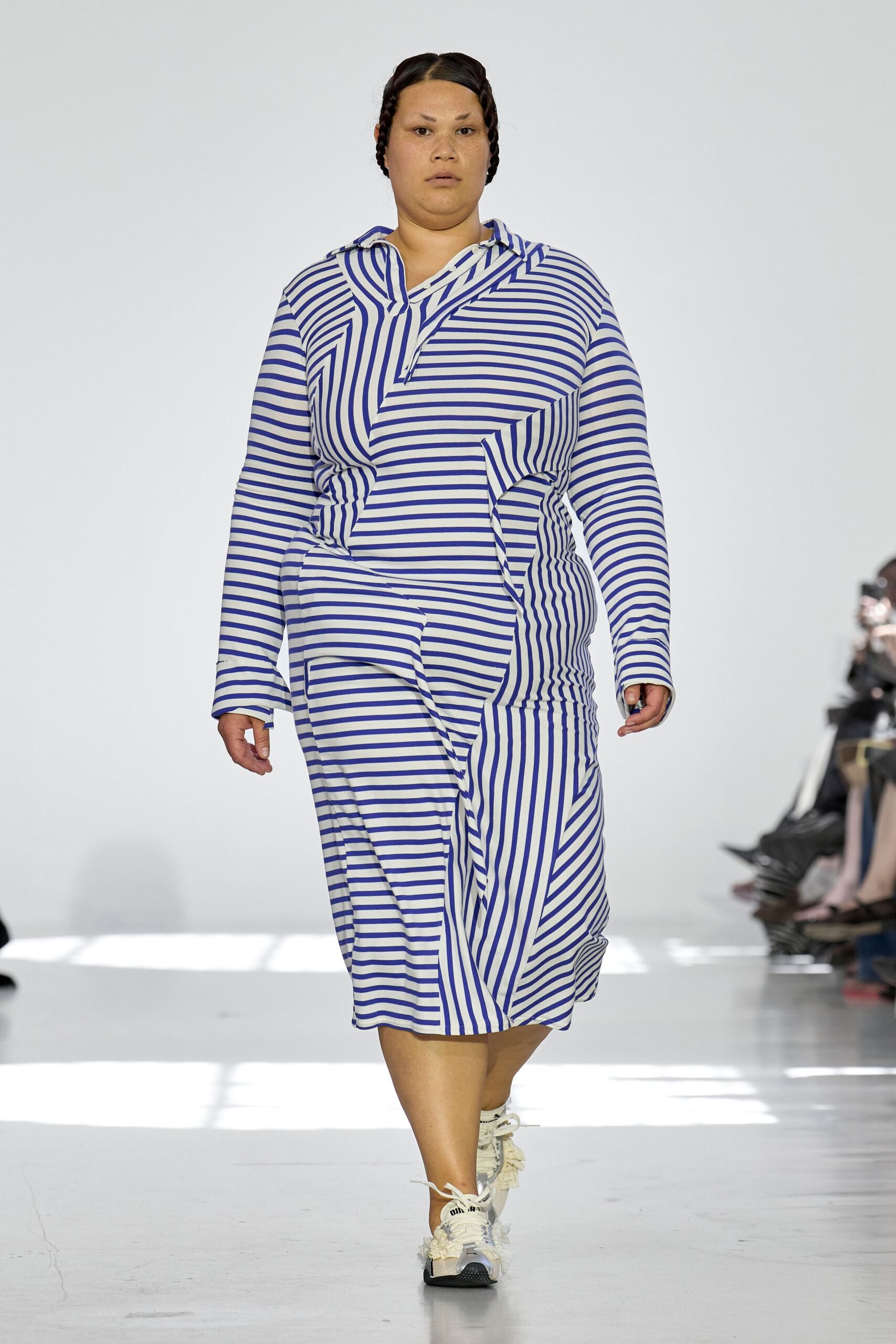 blue cotton long-sleeve hooded relaxed striped midi dress