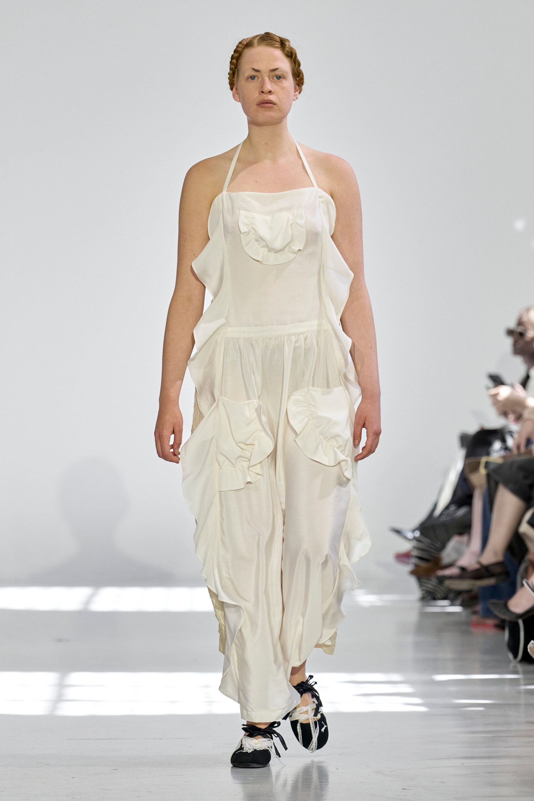 white silk sleeveless halter relaxed ruffled layered dress