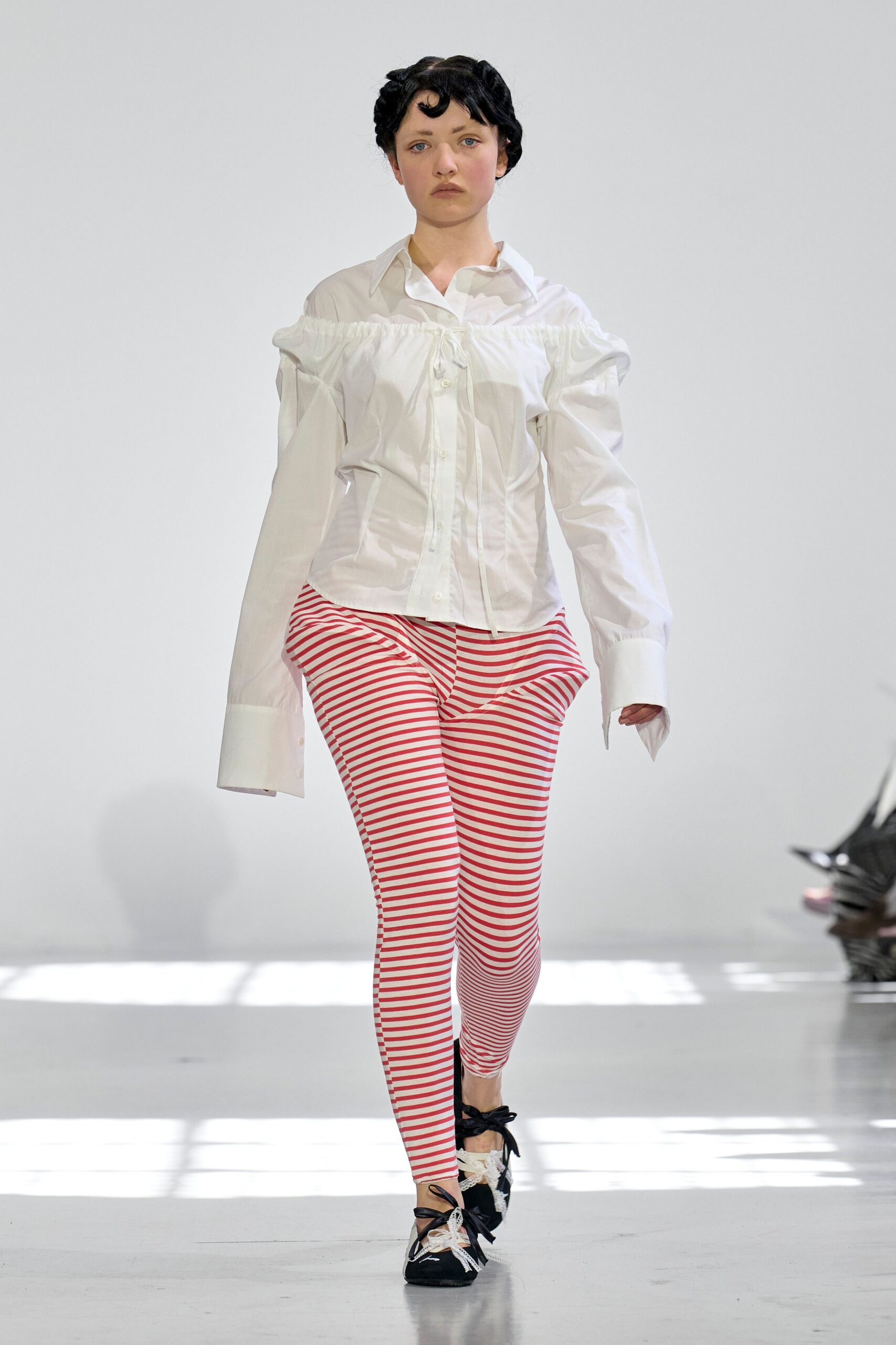white cotton long-sleeve collared relaxed ruffled shirt