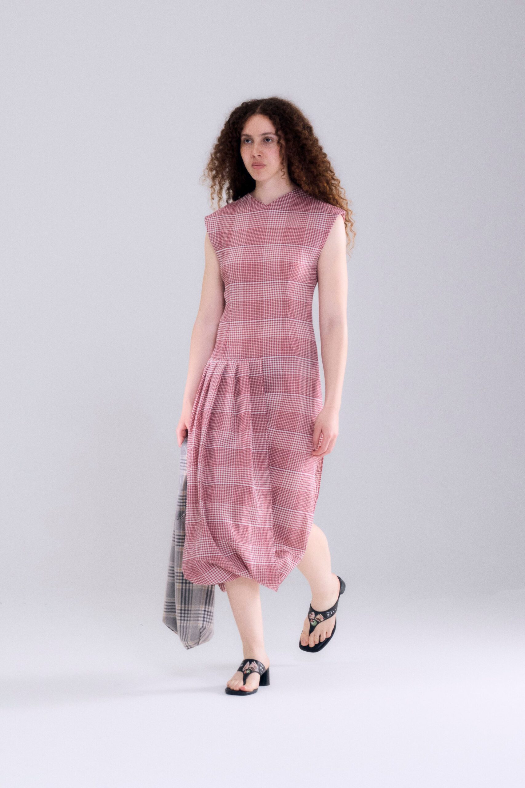 red cotton sleeveless v-neck fitted checked pleated dress