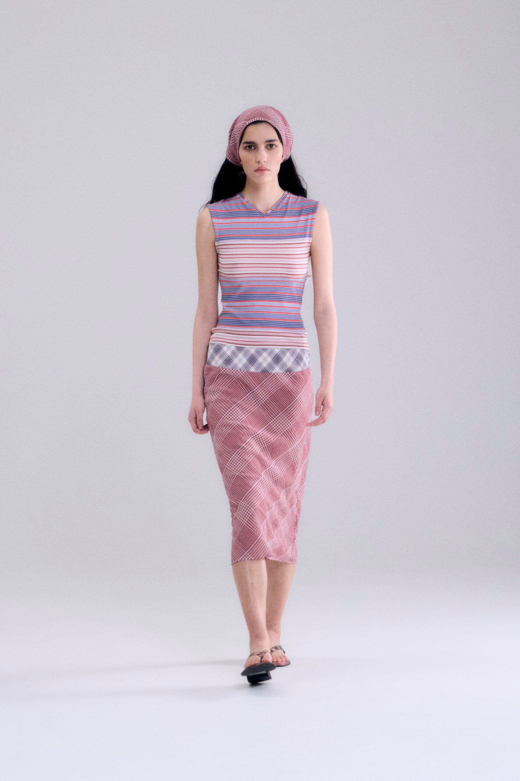 red cotton fitted checked midi skirt
