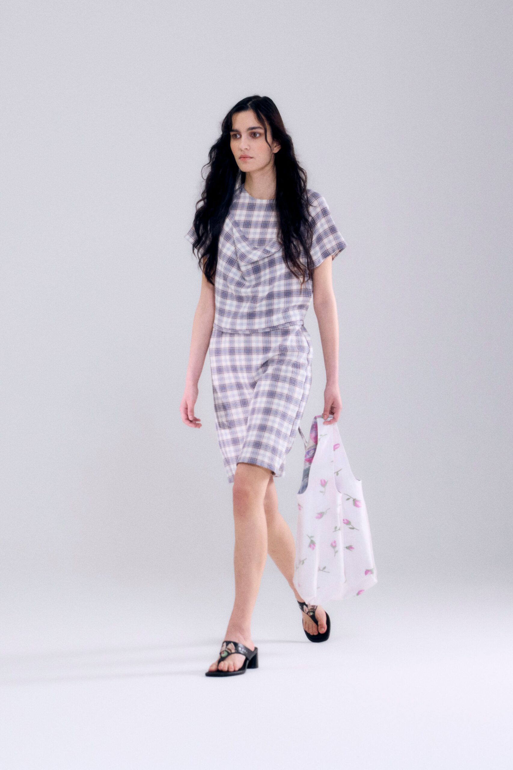 purple checked mini dress with bag