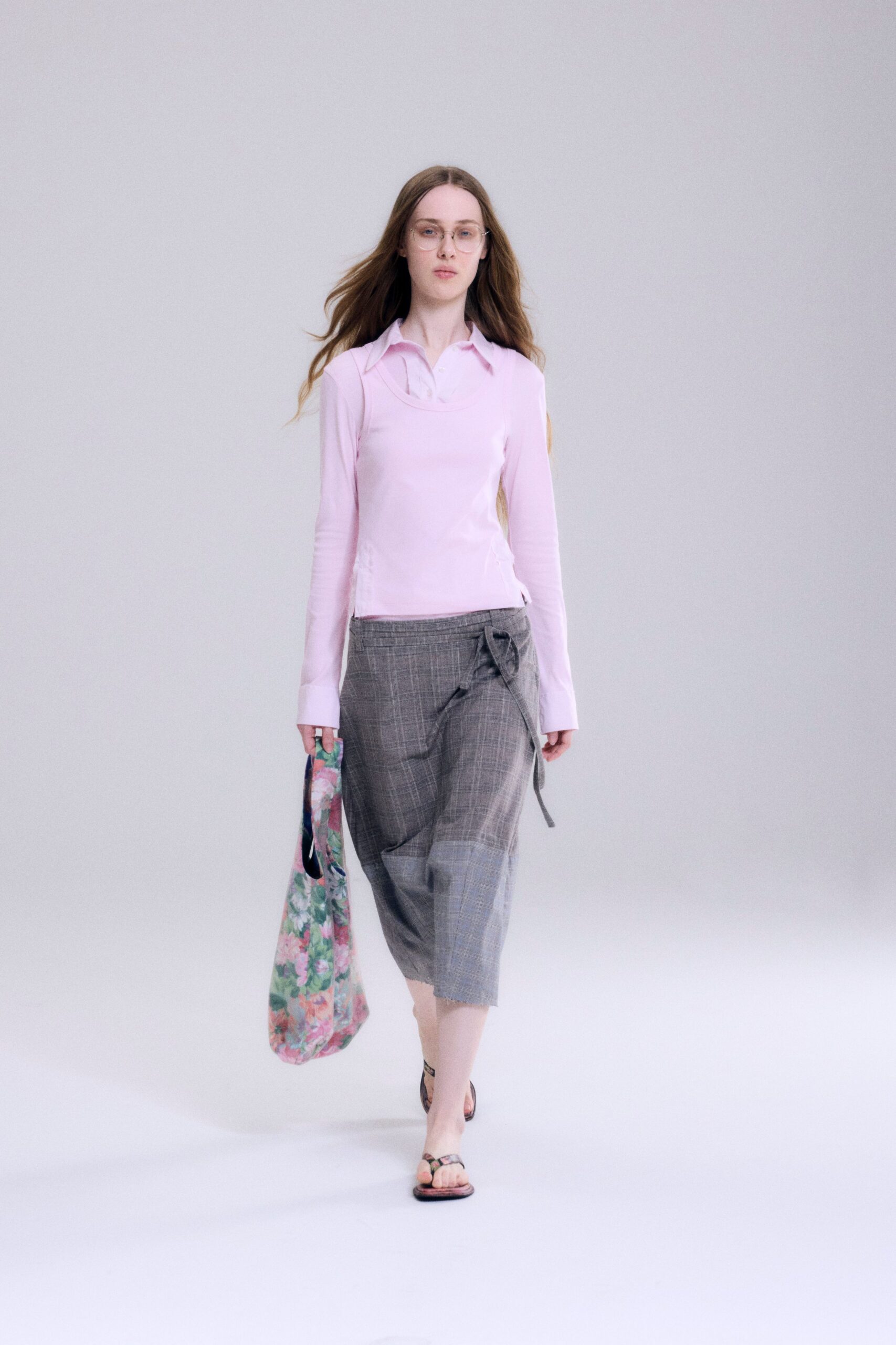 pink fitted top gray skirt
