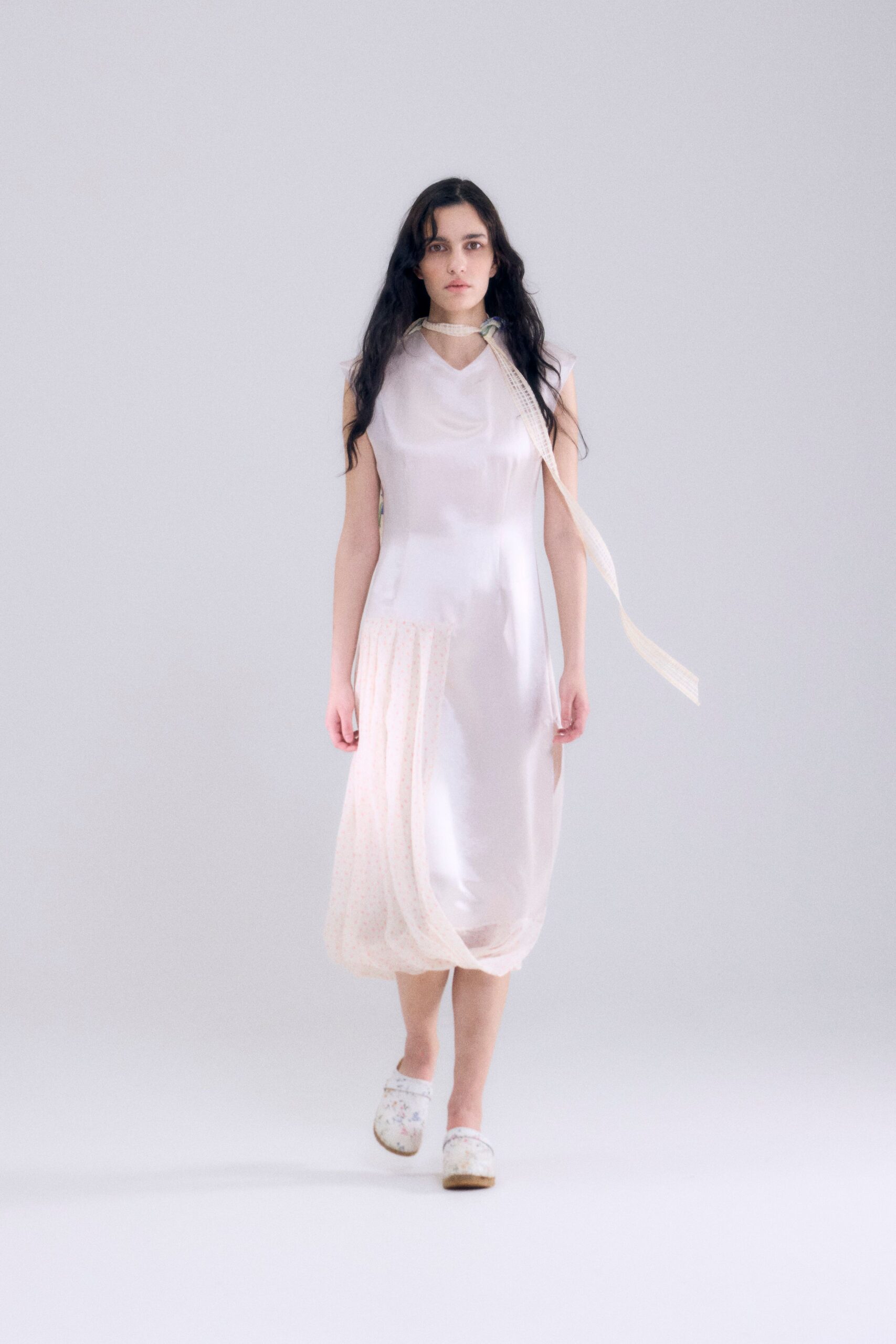 white silk sleeveless high-neck fitted layered pleated dress