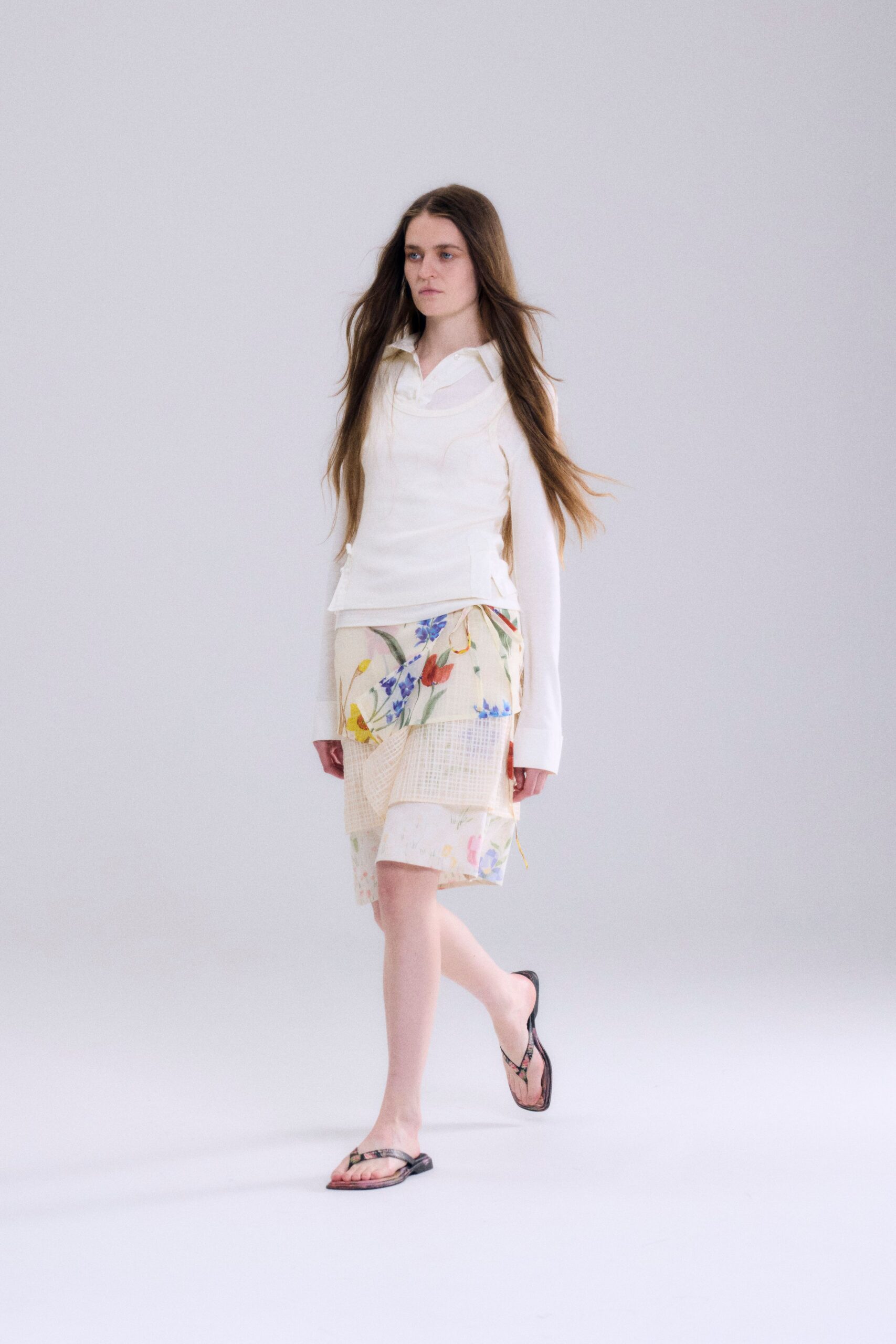 white fitted shirt beige flared skirt